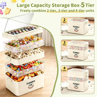 5 Layer Storage Box with Lid, Plastic Stackable Box with Handle, White