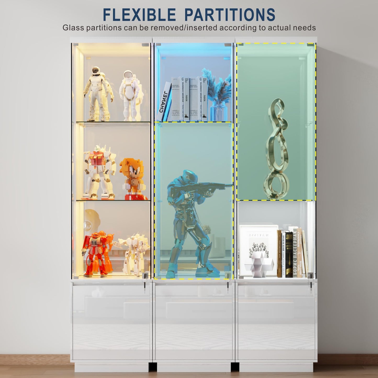 Gurexl Display Cabinets with Lockable and Glass Doors for Living Room,White