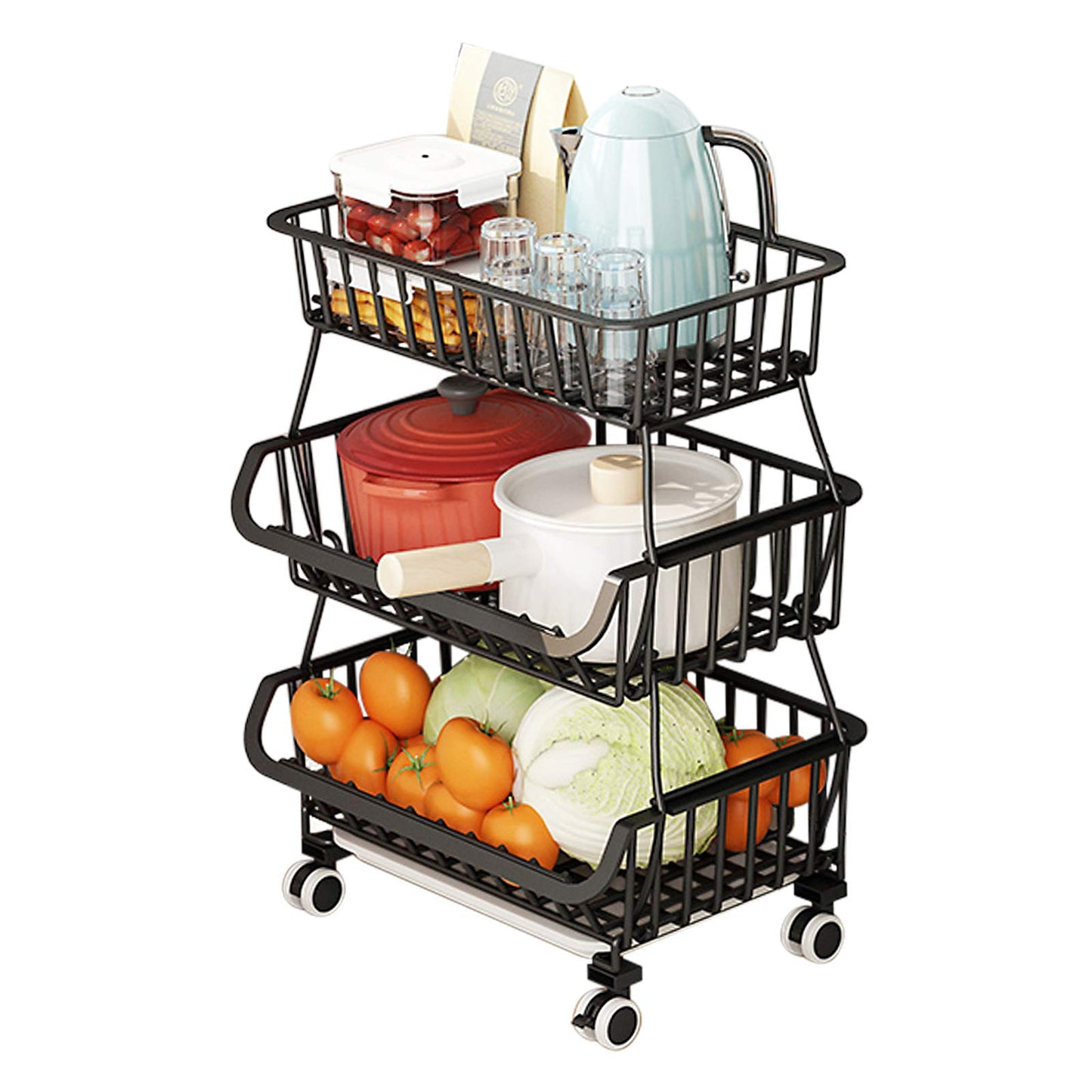 BRIAN & DANY 3 Tier Vegetable Storage Rack, Stackable Fruit Vegetable Stand with Lockable Casters and 5 S-Hooks for Kitchen, Pantry, Bathroom, Garage