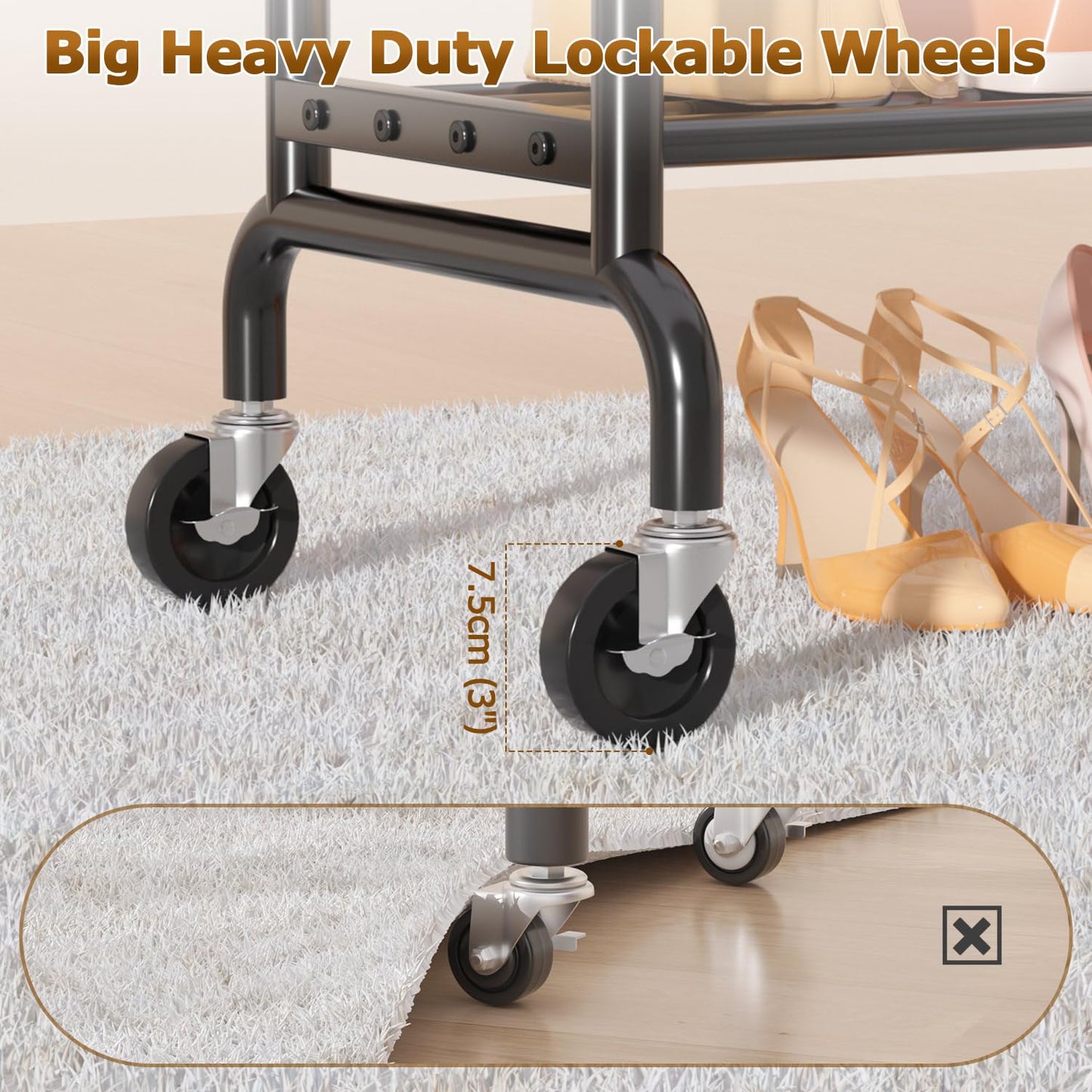 EAGMAK Double Clothes Rail on Wheels Load 120 KG, with Storage Shelf, Black