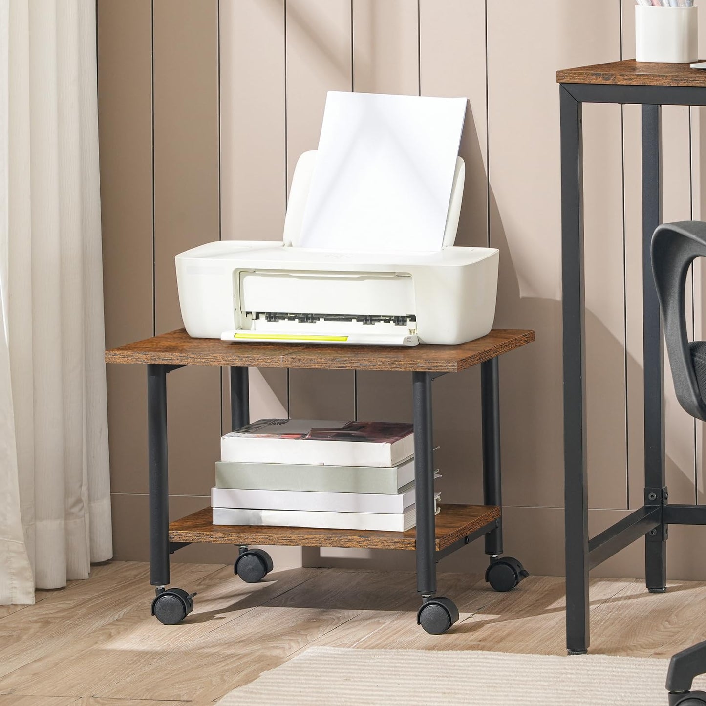 HOOBRO Under-Desk Printer Stand, 2-Tier Printer Cart with Storage Shelf, Printer Rack with Lockable Wheels, Metal Frame, Industrial Style in Office