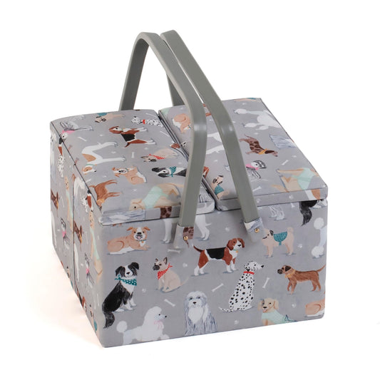 Hobby Gift Exclusive Large Twin Lid Sewing Craft Hobby Storage Box, Accessories Tray Pin Cushion Pockets PVC Handles, 25 x 25 x 17cm, Grey Dogs