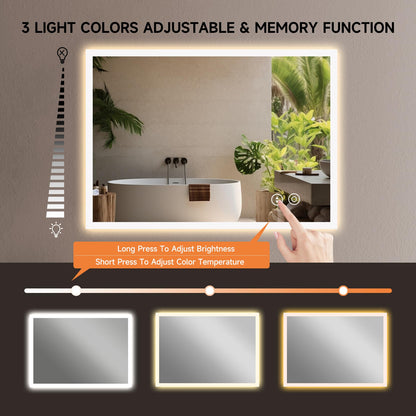YOLEO Bathroom Mirror with LED Lights, 700x500mm Illuminated Bathroom Mirror, Wall Mounted Vanity Mirror with 3 Colors Dimmable, Anti-Fog, Touch