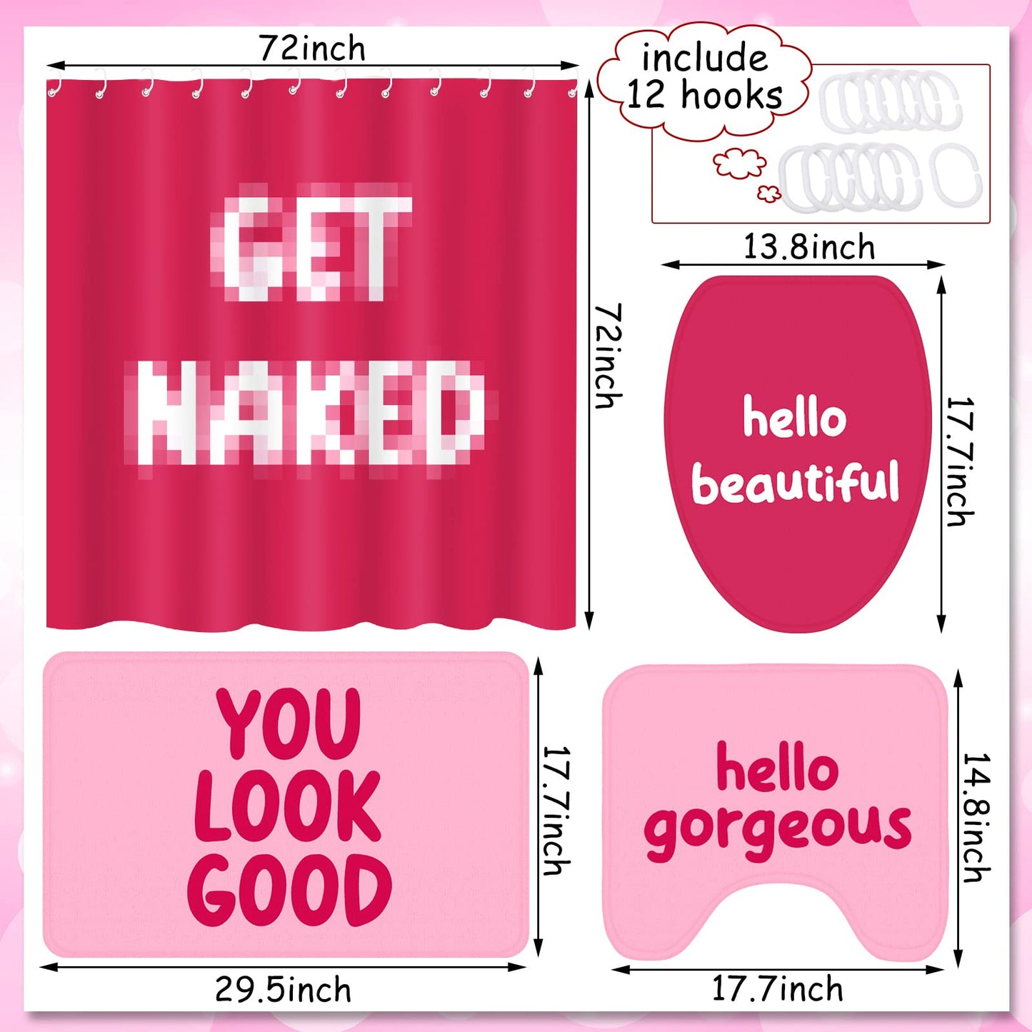 4 Pcs Shower Curtain Sets with Rugs Pink Preppy Bathroom Sets with Shower Curtain and Rugs Non Slip Bath Mat U Shaped Contour Toilet Lid Cover