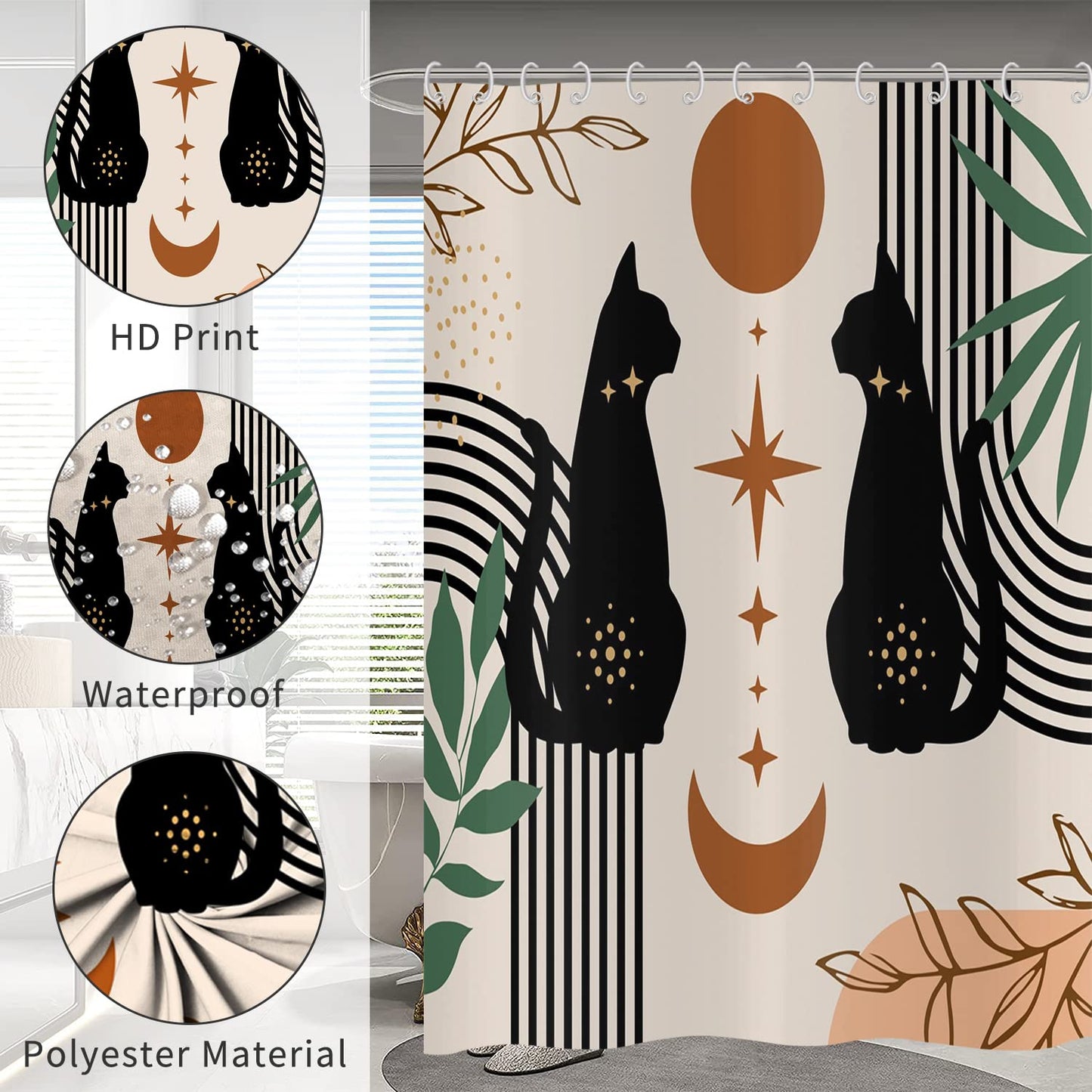 Boho Shower Curtain 180x180, Hnmdmyi Mid Century Abstract Black Cat Leaf Moon Star Beige Bathroom Curtains Modern Terracotta Aesthetic Art Waterproof