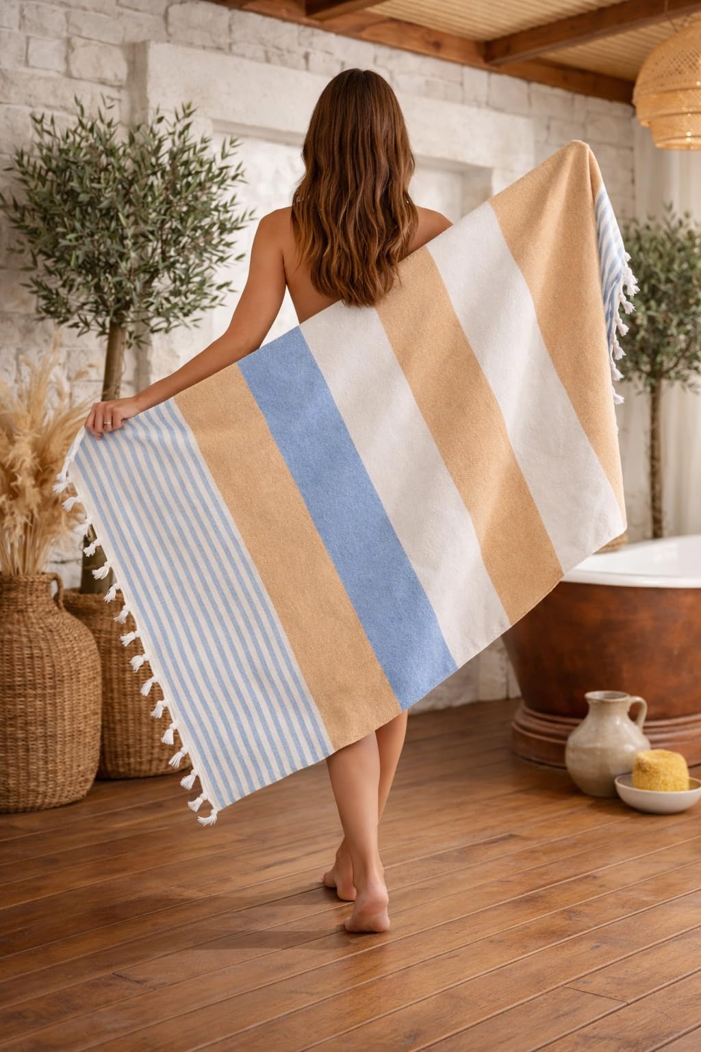WEFLORIA Turkish Peshtemal Towel – Lightweight Quick Dry Beach & Spa Towel, Oversized Cotton Hammam Towel with Tassels – Travel, Pool, Bath, Sauna