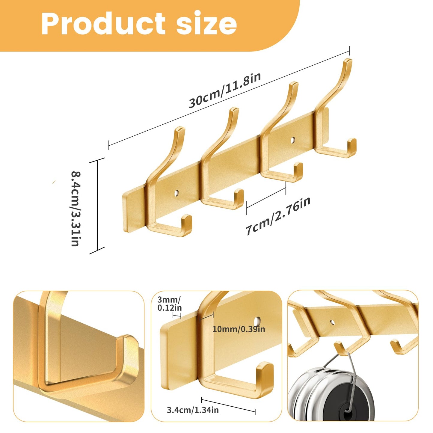MEIJO Coat Hooks Wall Mounted Stainless Steel, Gold Coat Rack Wall Mounted with 4 Hooks Heavy Duty Coat Hooks for Door, Bathroom, Bedroom, Kitchen