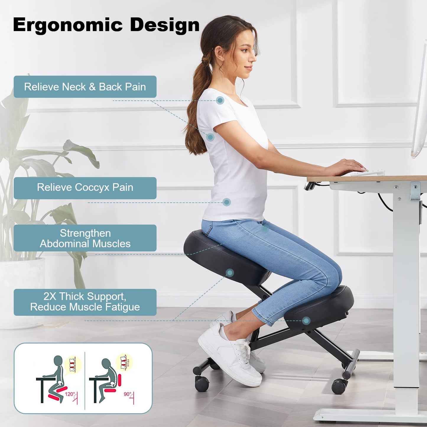 Ergonomic Kneeling Chair - Height Adjustable Kneeling Stool for Home and Office, Improve Posture to Relieve Neck and Back Pain