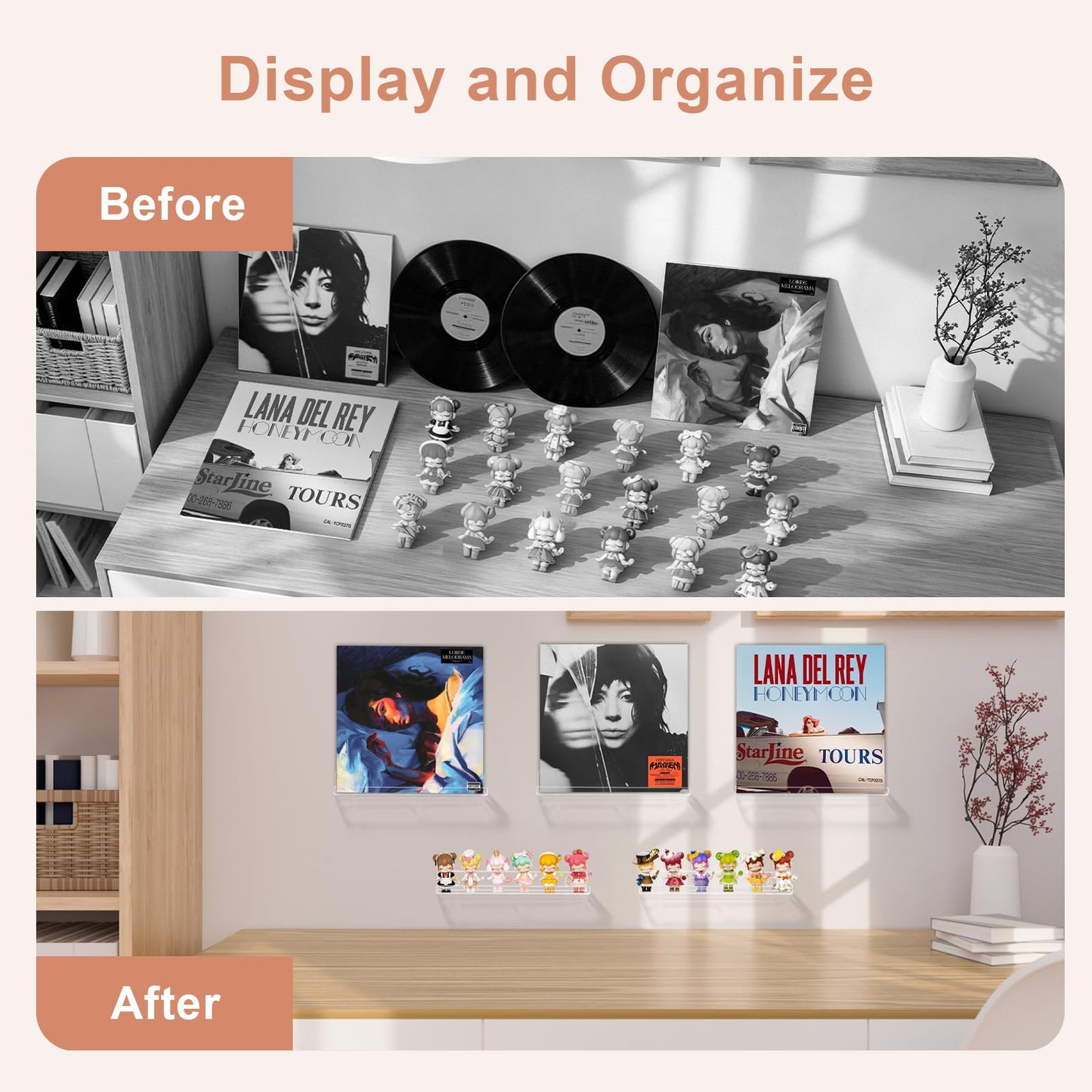 Dezzer 6 Pack Vinyl Record Shelf Wall Mount, 30.2 cm Acrylic Vinyl Holder for Album Record Storage & Display, Clear Floating Shelf for Kids Bookshelf