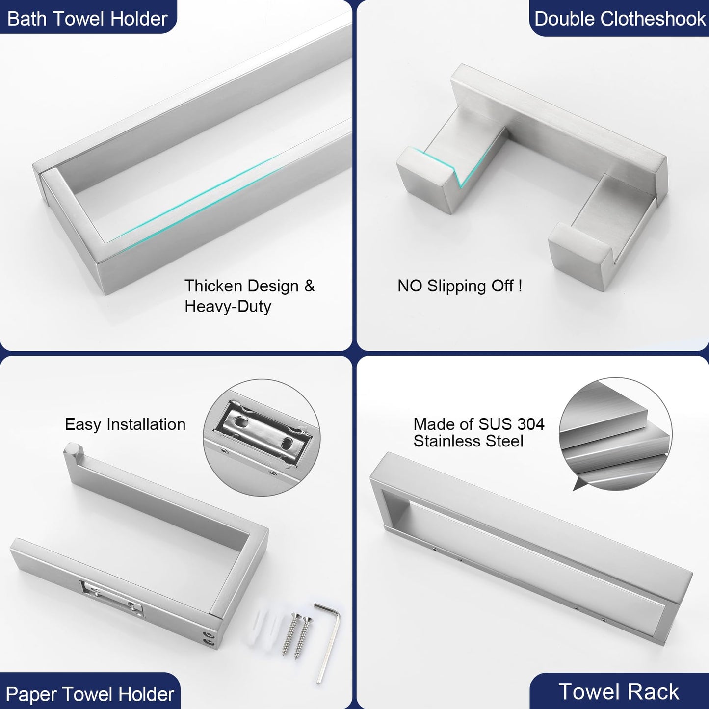 TURS Brushed Finish 4-Pieces Towel Bar Holder Sets,Concealed Screws