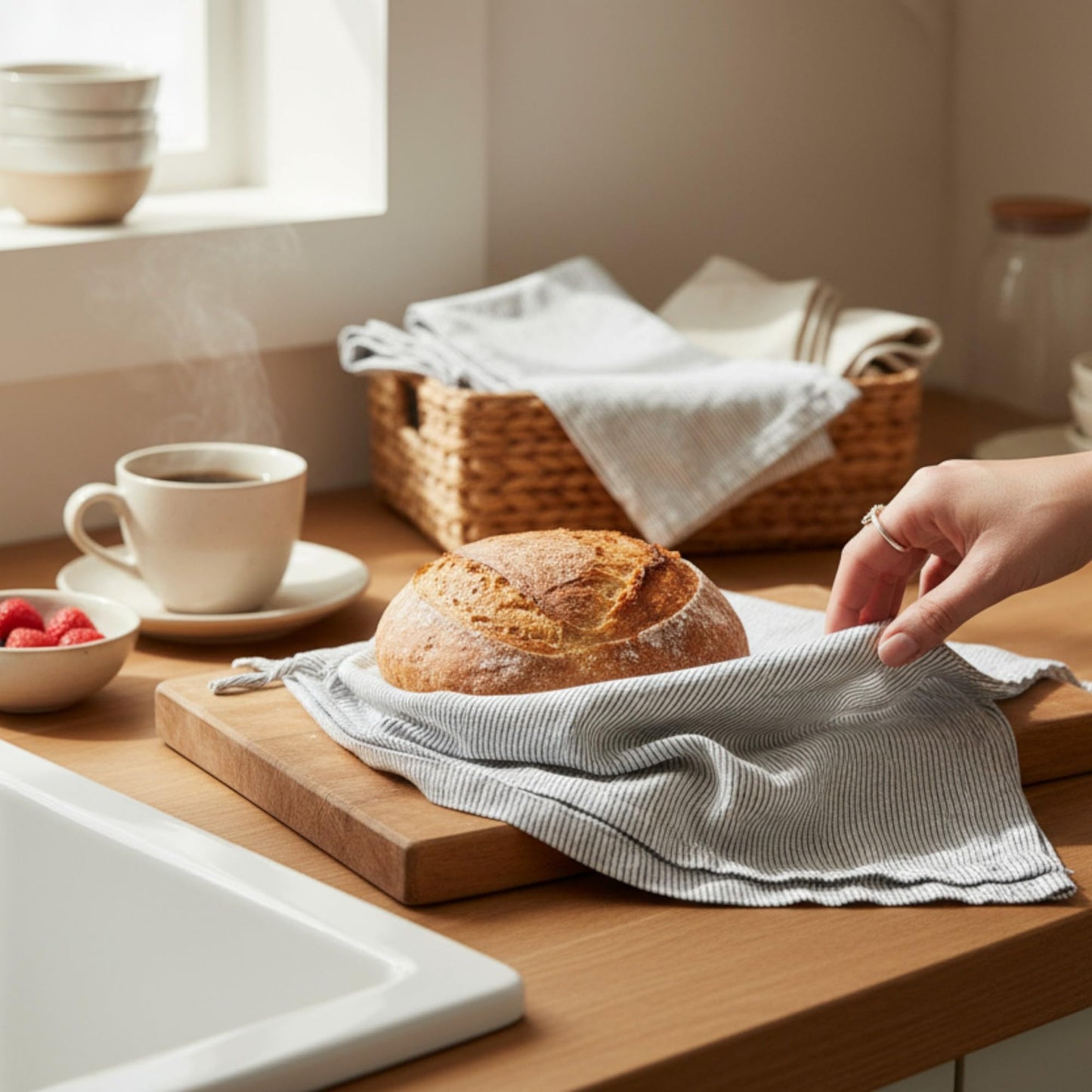 Eight Owls Stonewashed Linen Kitchen Dish Towels – 50 x 68 cm – 100% Pure Linen Tea Towel/Hand Towel - set of 2 (Black Pinstripe)