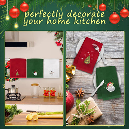 Kouoybt Christmas Hand Towels Set 3 Pack Kitchen Dish Towels Dishcloths for Bathroom Housewarming Gifts Decorations Red White Green, Pack of 3
