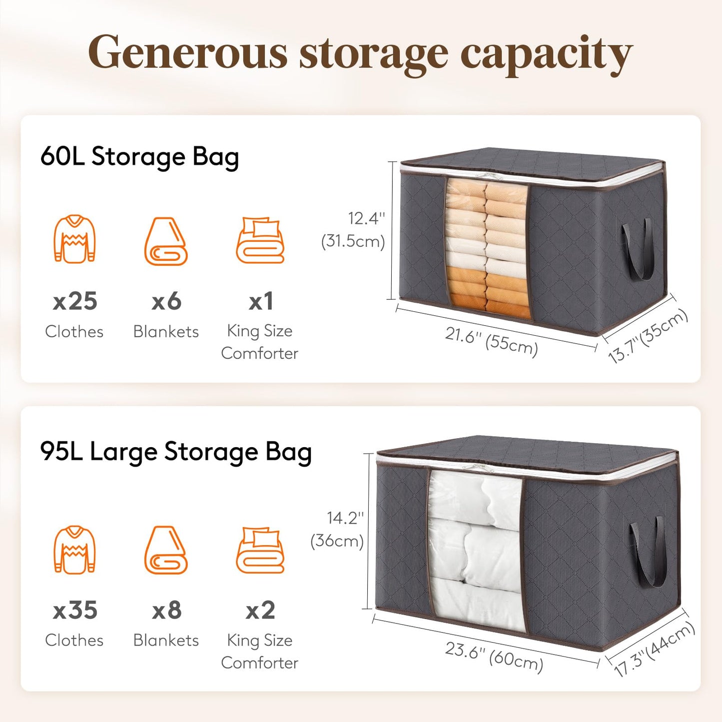 Lifewit 95L Clothes Storage Bags, Foldable Storage Box Moving Bags Wardrobe Storage Organiser Packing Boxes for Moving House with Clear Window for