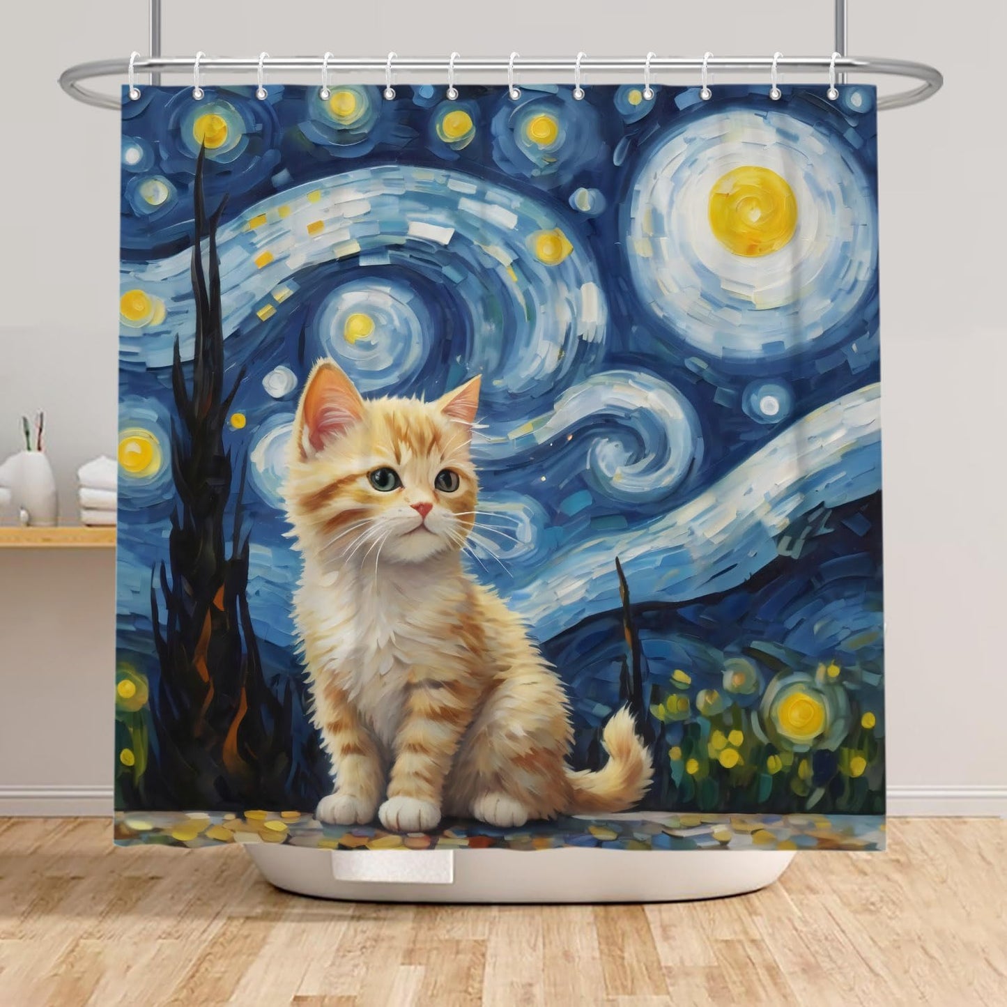 ASDCXZ Cat Shower Curtain 180 x 200 cm, Modern Abstract Art Blue Yellow Oil Painting Cute Cat Bath Washable Shower Curtains Polyester Textile
