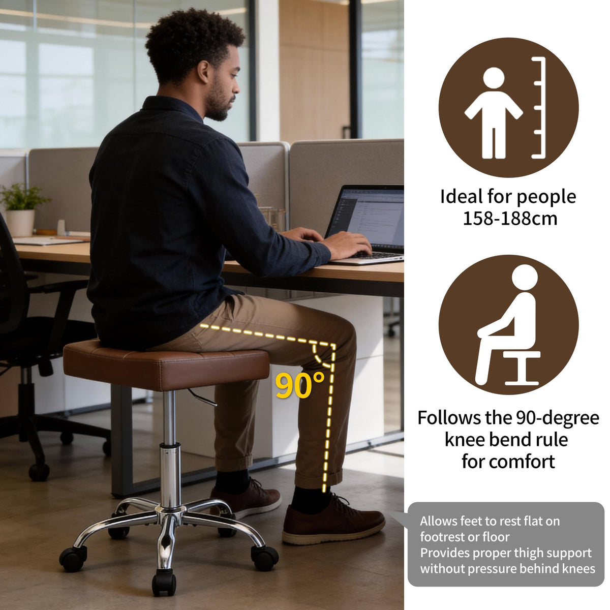 FIRAVOE Ergonomic Desk Stool with Wheels Adjustable Height 43.5–54.5 cm 136 kg Capacity Faux Leather Office Stool