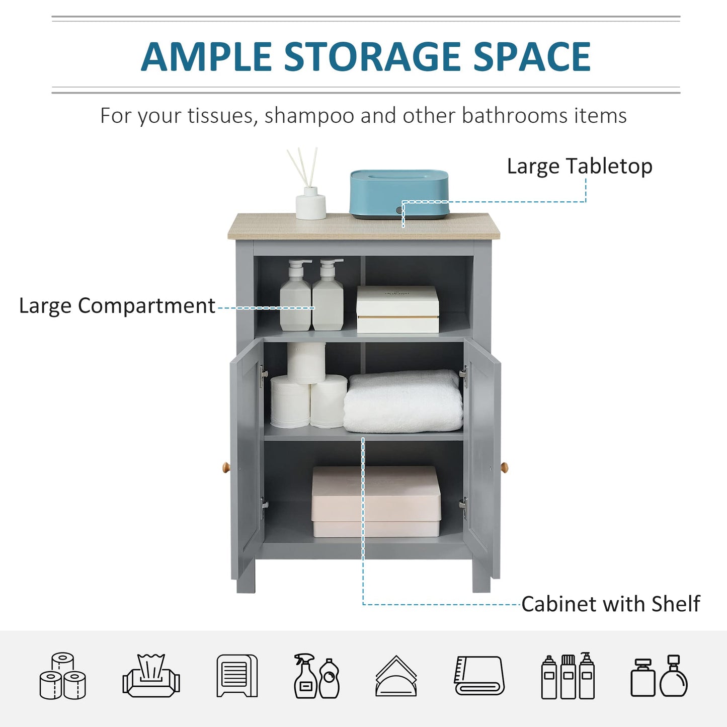 kleankin Bathroom Floor Cabinet Free Standing Cupboard Double Doors Grey