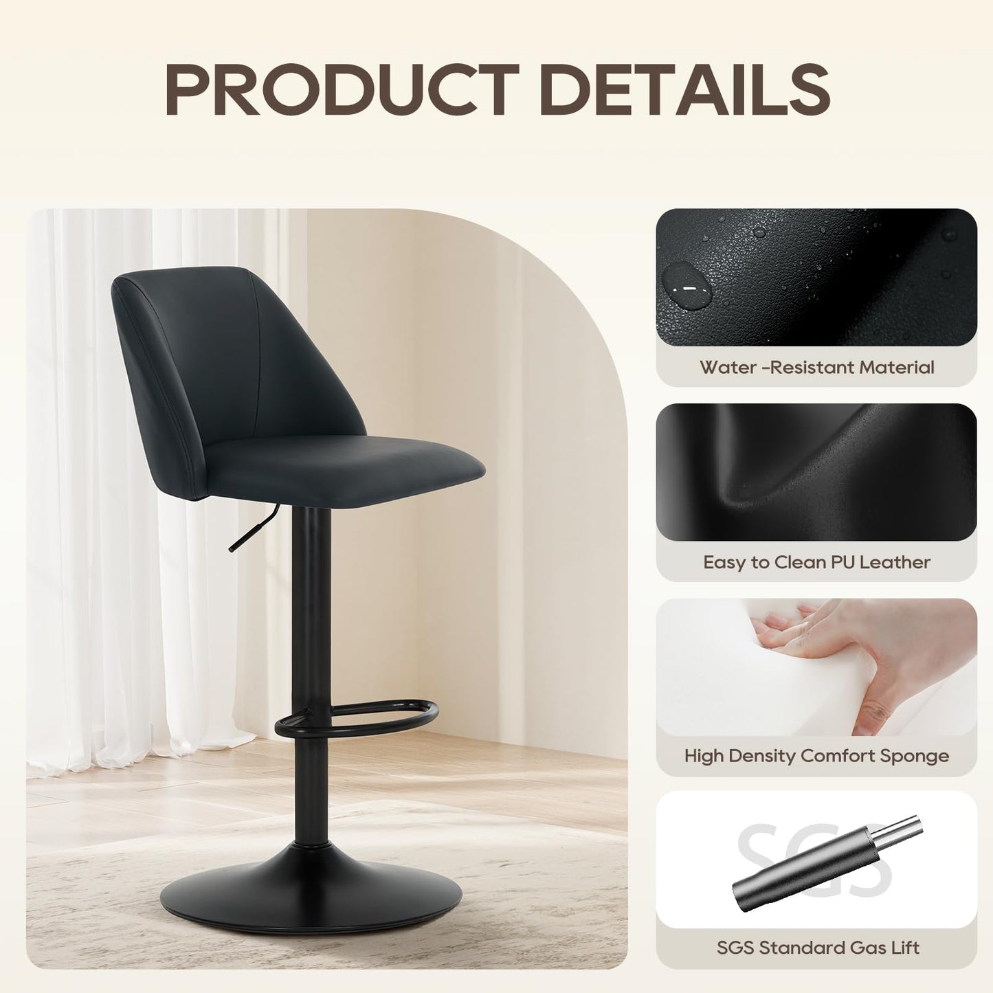 COLAMY Breakfast Bar Stools Set of 6, Modern Swivel Kitchen Stool, Adjustable Upholstered Barstools Counter Height with Square Open Back for Bar