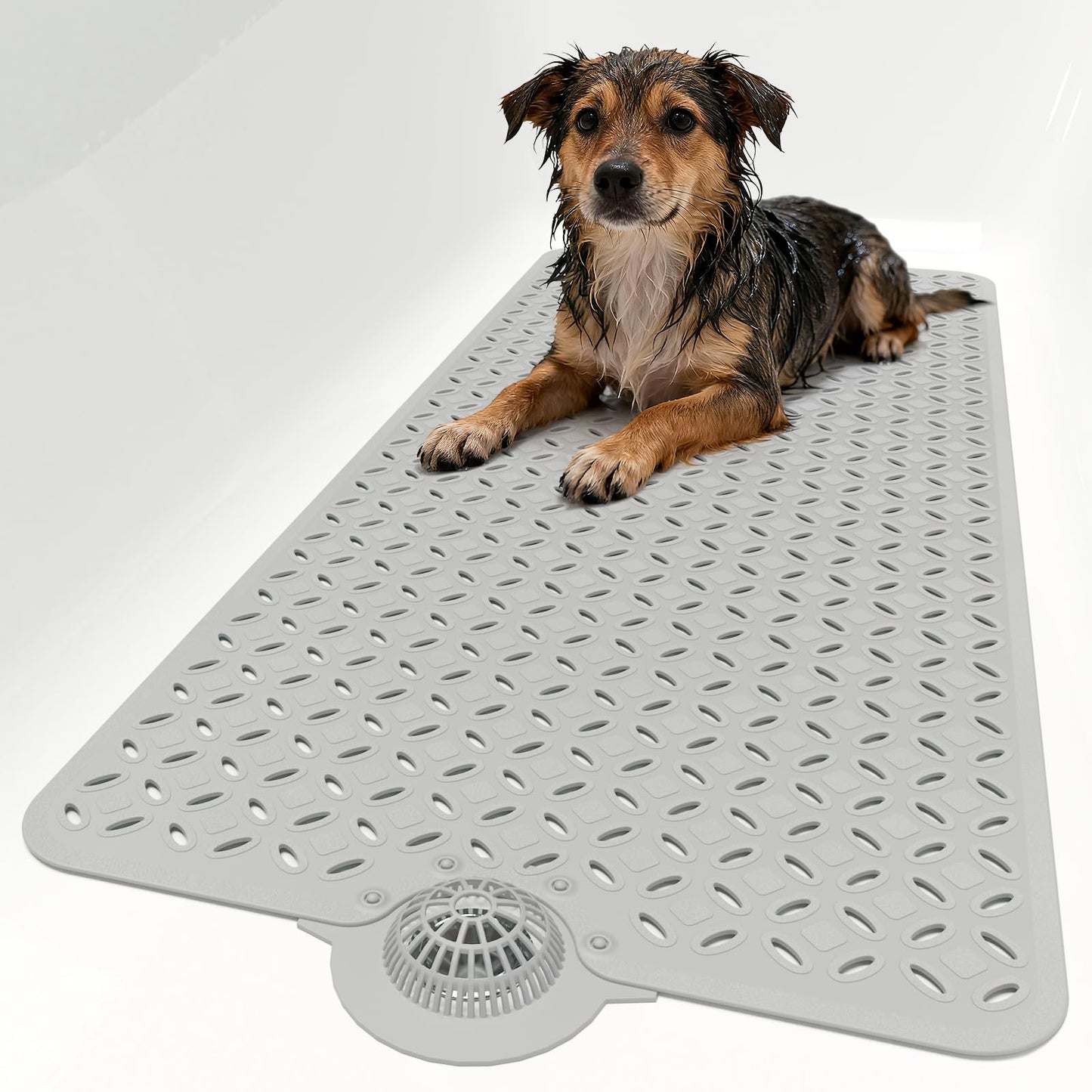 Yolife Bath Mat for Tub Non Slip: 43 X 100 cm Long Bathtub Mat with Hair Catcher│Big Drain Holes Shower Mats for Inside Shower│Machine Washable (Grey)