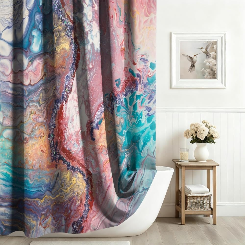 Xiaoterna Marble Shower Curtain Modern Luxury Colorful Gradient Marble Waterproof Bathroom Curtain Abstract Art Gilding Wave Textured Washable Mildew