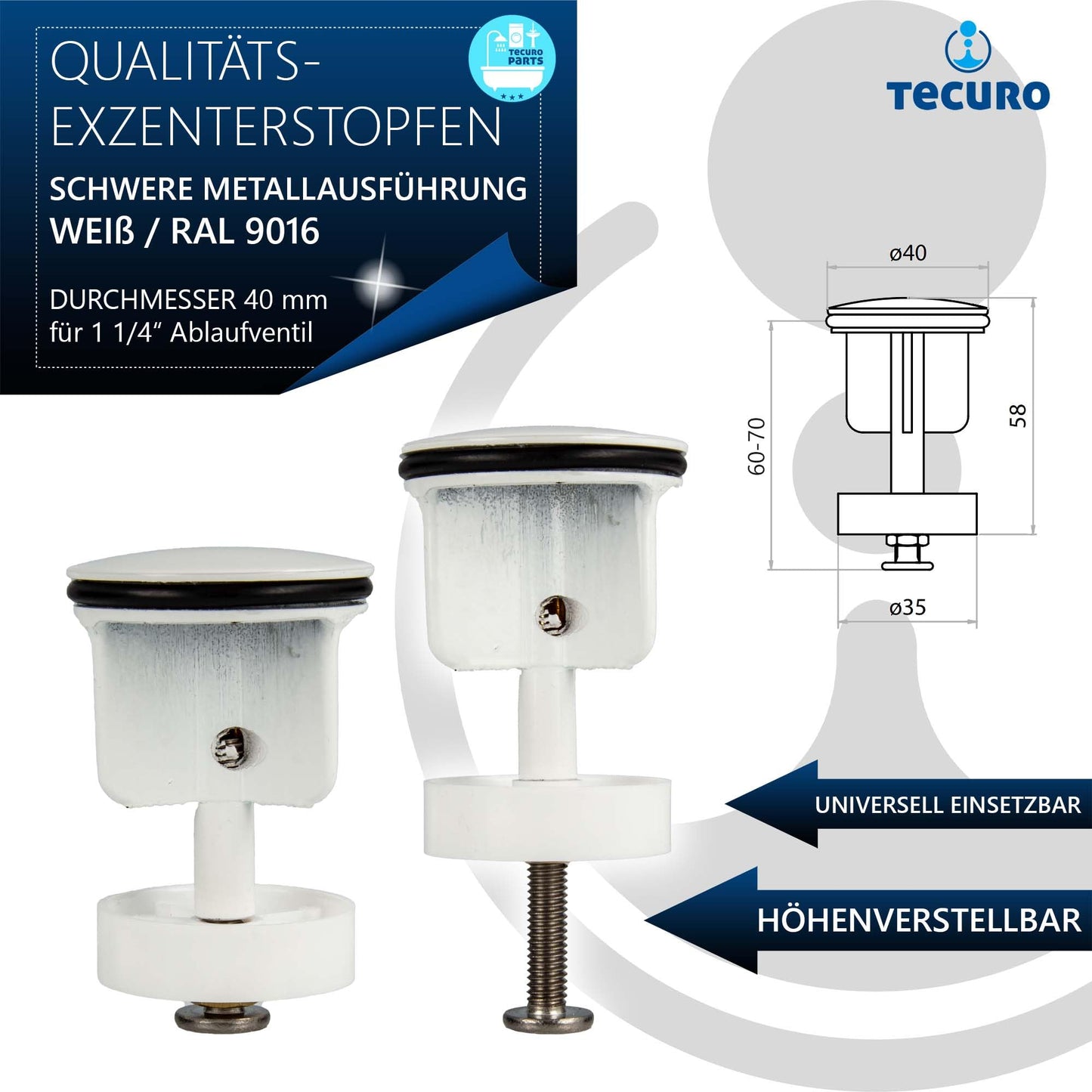 Tecuro Eccentric Plug Diameter 40 mm White Ral 9016, Drain Plug Insert for Drain Cover Hair Catcher