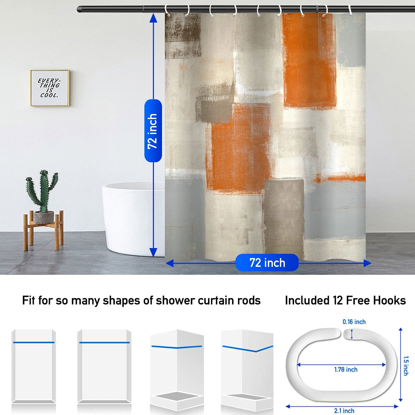 Lnond 4Pcs Bathroom Shower Curtain Sets with Rugs,Modern Orange and White Painting Art Bathroom Sets with Shower Curtain and Rugs and Accessories