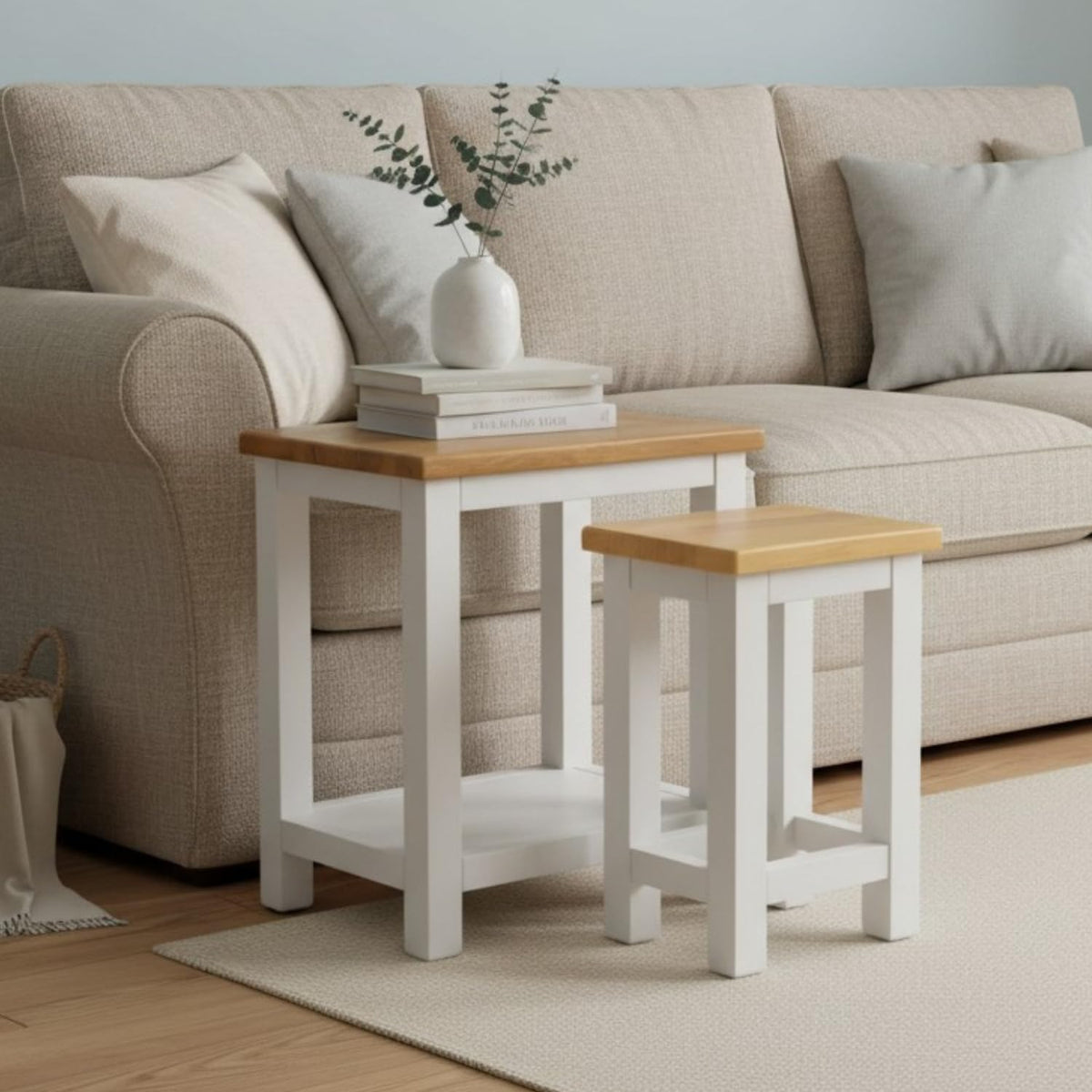 GROF GROFurniture White Set of 2 Side Tables - 2-Tier Sofa Side Tables with Oak Top, Wooden Bedside Tables, for Living Room, Bedroom, Home Office