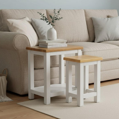 GROF GROFurniture White Set of 2 Side Tables - 2-Tier Sofa Side Tables with Oak Top, Wooden Bedside Tables, for Living Room, Bedroom, Home Office