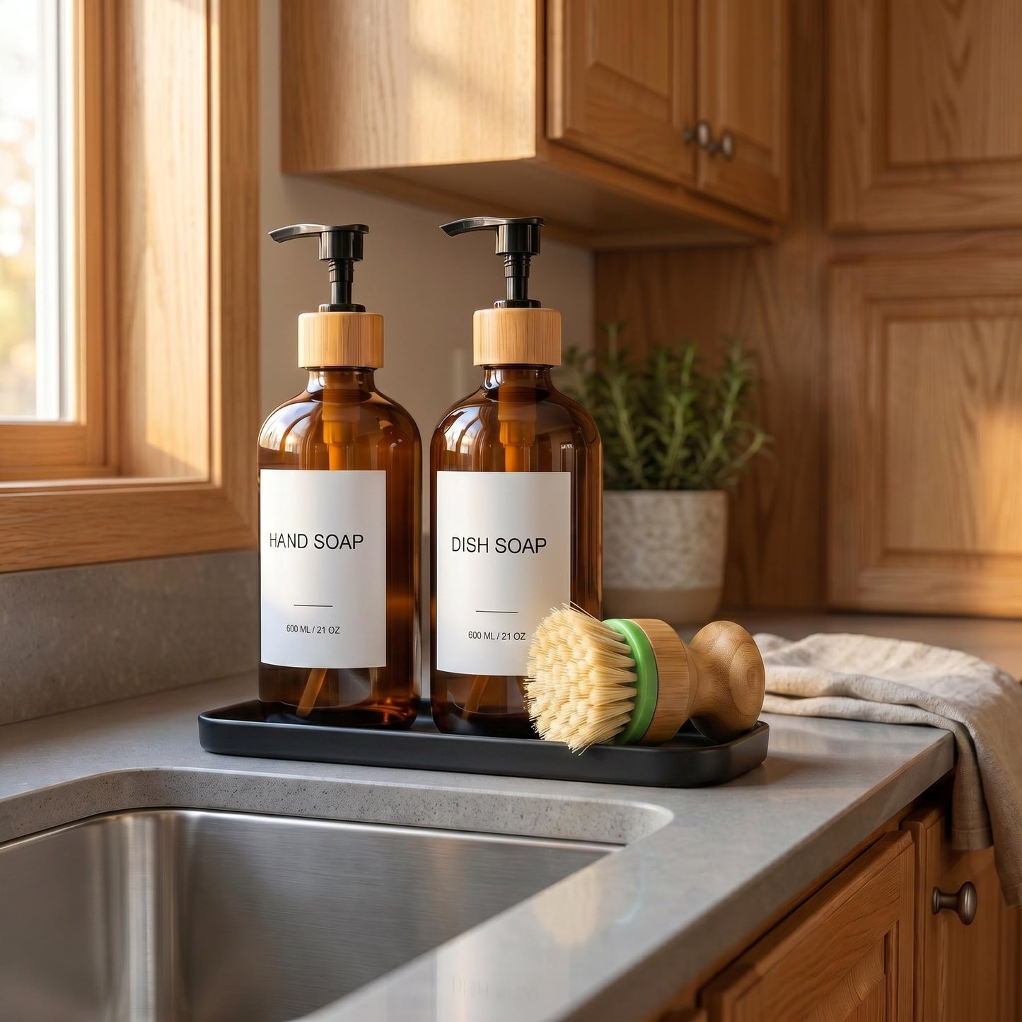 Hand & Dish Soap Dispenser with Dish Brush, Washing Up Liquid Dispenser Set 600ml/21oz, PET Plastic Bottle with Bamboo Pump