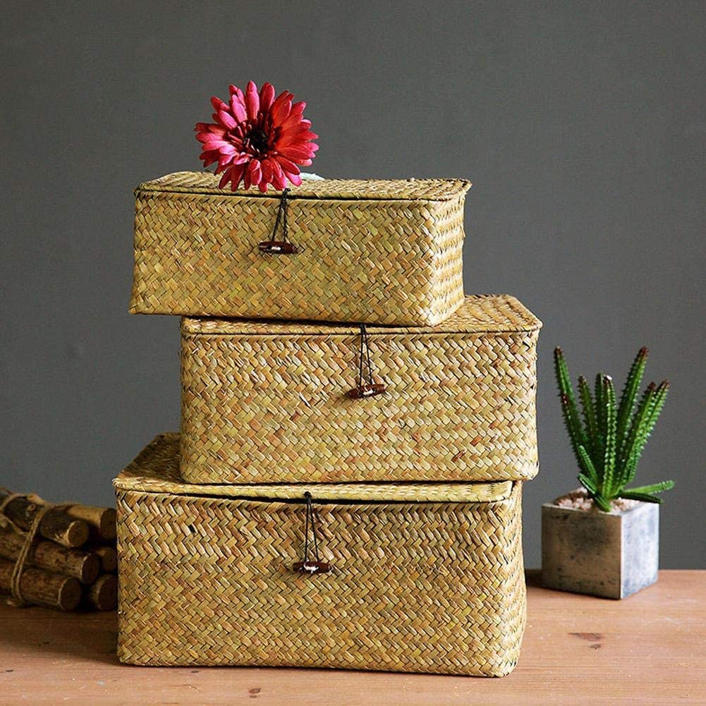 YSGLIFE Set of 3 Rectangular Storage Shelf Basket with Lid Seagrass Rattan Woven Multipurpose Organizer Boxes for Clothes, Makeup