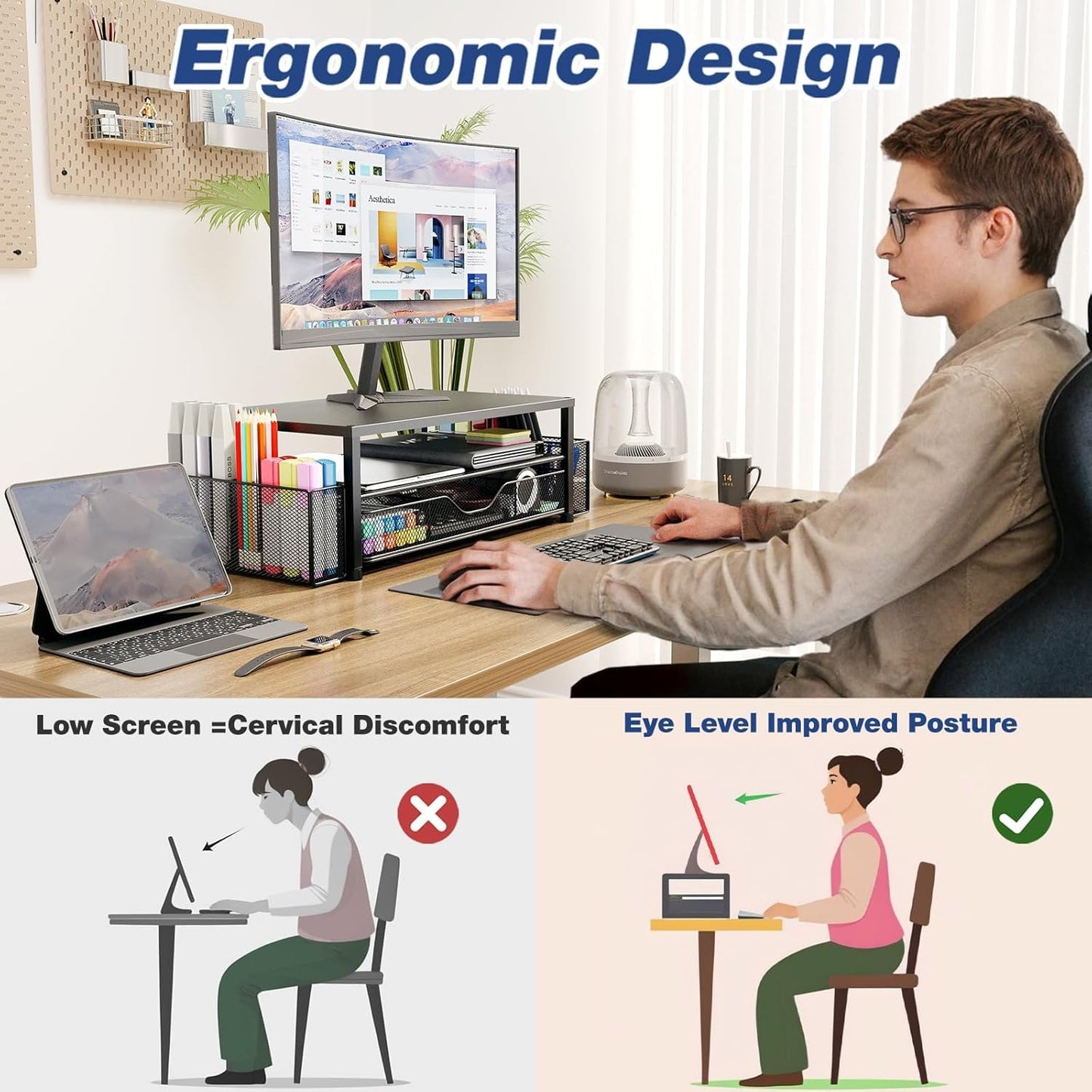 LOFTORY Monitor Stand Riser with Drawer & Pen Holders – Ergonomic Laptop Stand for Desk, Metal Computer Stand Organizer for Office Supplies