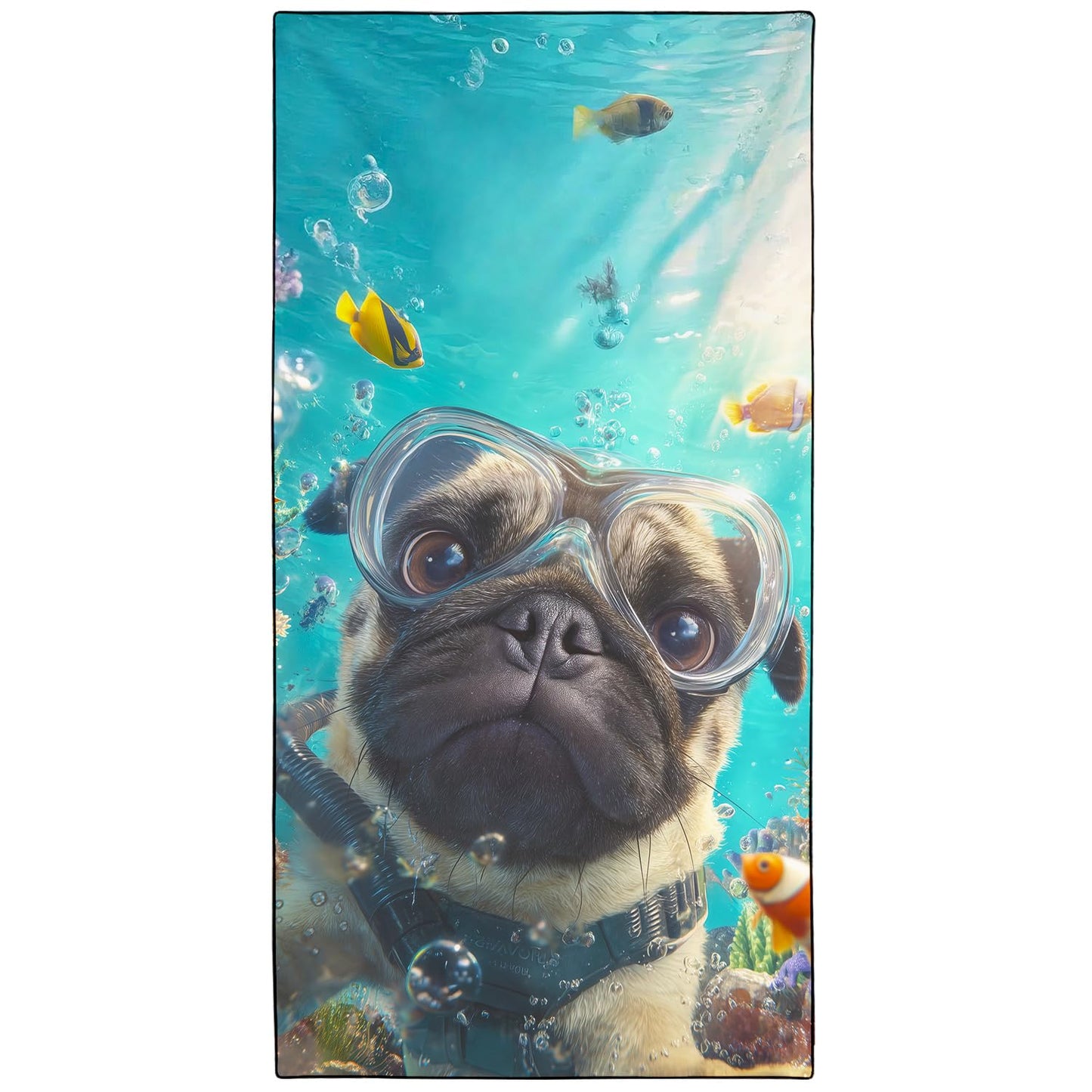 Violetpos Scuba Pug Group Beach Towel for Dog Lovers, Extra Large 180x90 cm 250GSM Microfibre, Sand Free Quick Dry