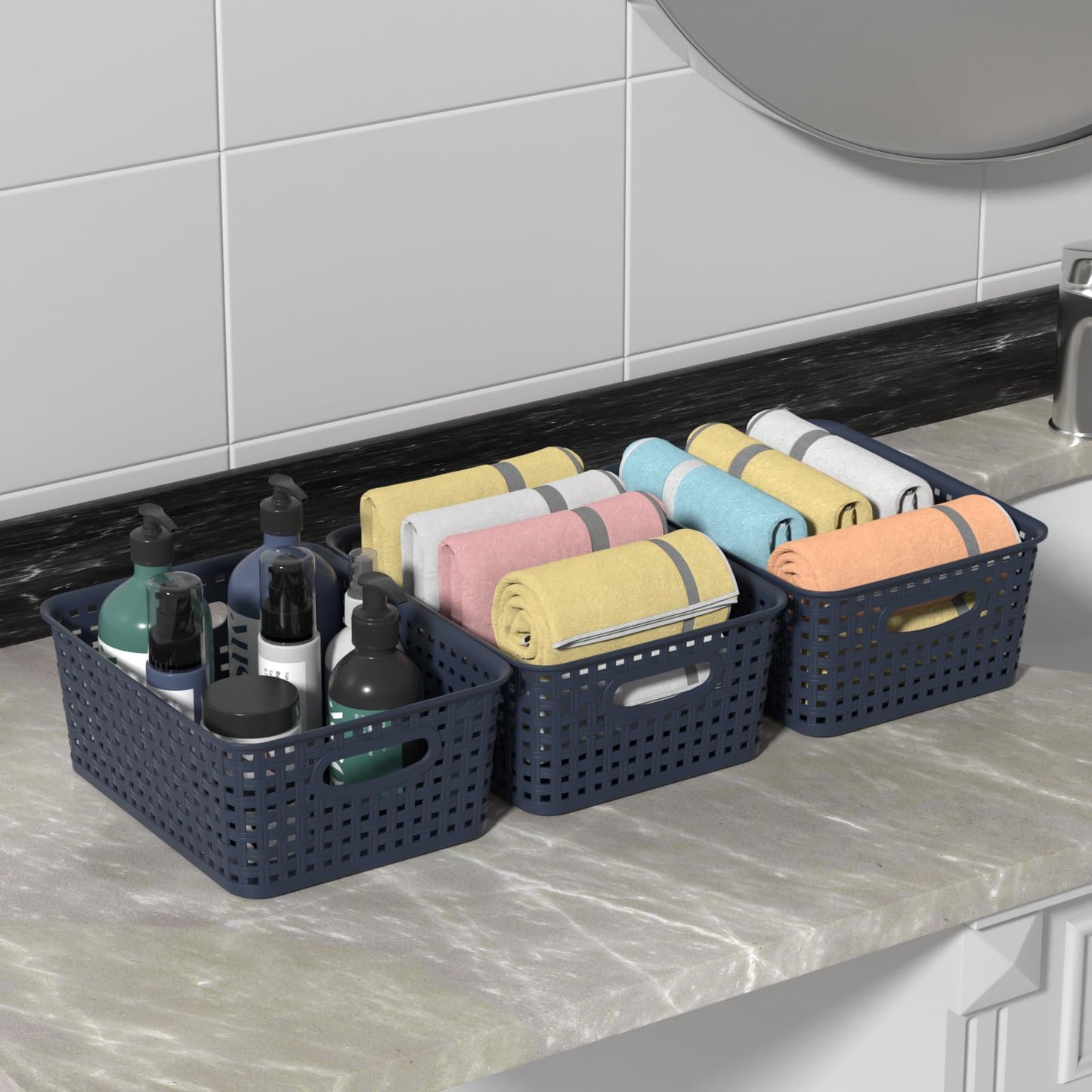 Udotry 6 Pack Plastic Weave Storage Basket Small Rattan Organizer Box Blue