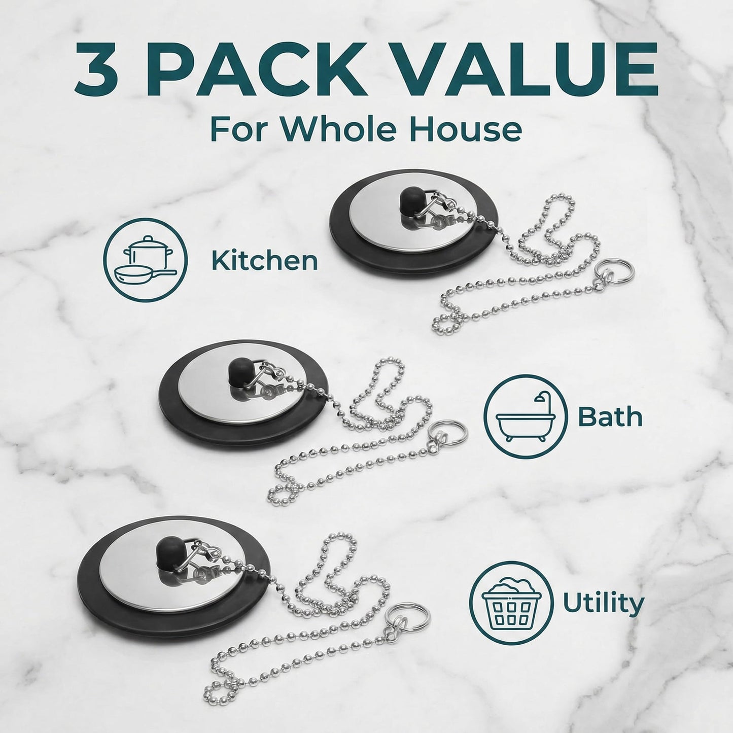 3 Pcs Bath Plug with 40cm Stainless Steel Chain, Universal, 42mm to 45mm, Sink Plug Replacement for Bathroom, Kitchen, Bathtub, Rubber Drain Stopper