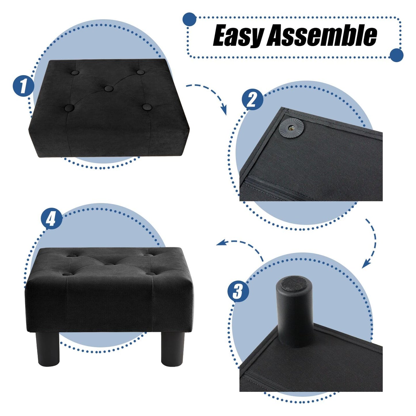 BRIAN & DANY Small Foot Stool, Velvet Footstool with Legs, Footstools for Living Room, Ottoman Footrest Extra Seating for Entryway, Black