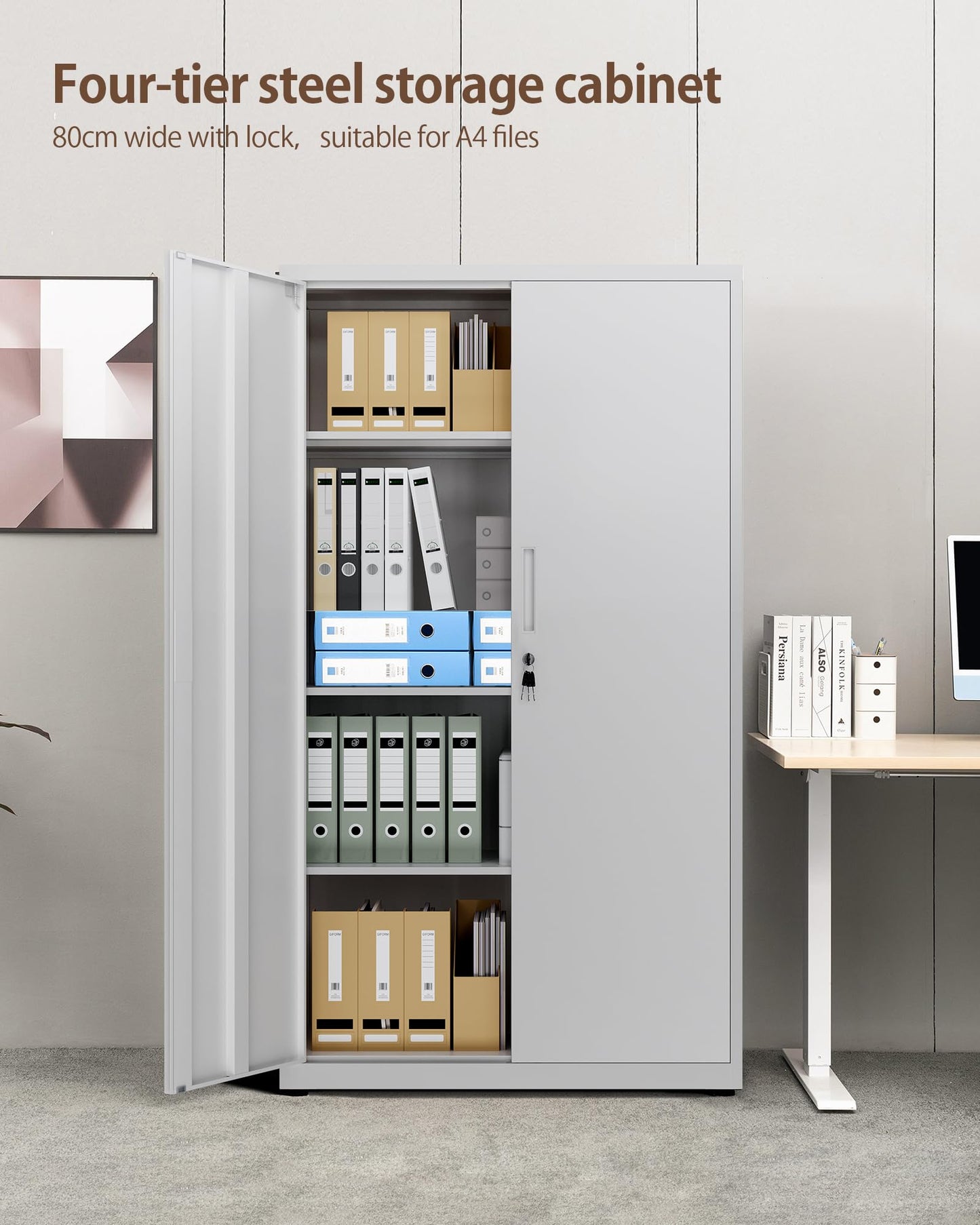 LAND·VOI Steel Storage Cabinet, 4-Tier Lockable Cabinet with Adjustable Shelves, Double-Door Cupboard Storage, For Home, Office Storage