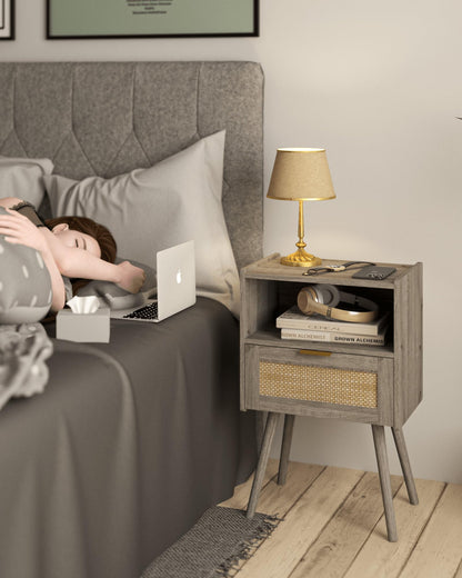 JERX Rattan Nightstand,Farmhouse Bedside Table with Storage Drawer and Open Wood Shelf, for Living Room, Bedroom and Small Spaces