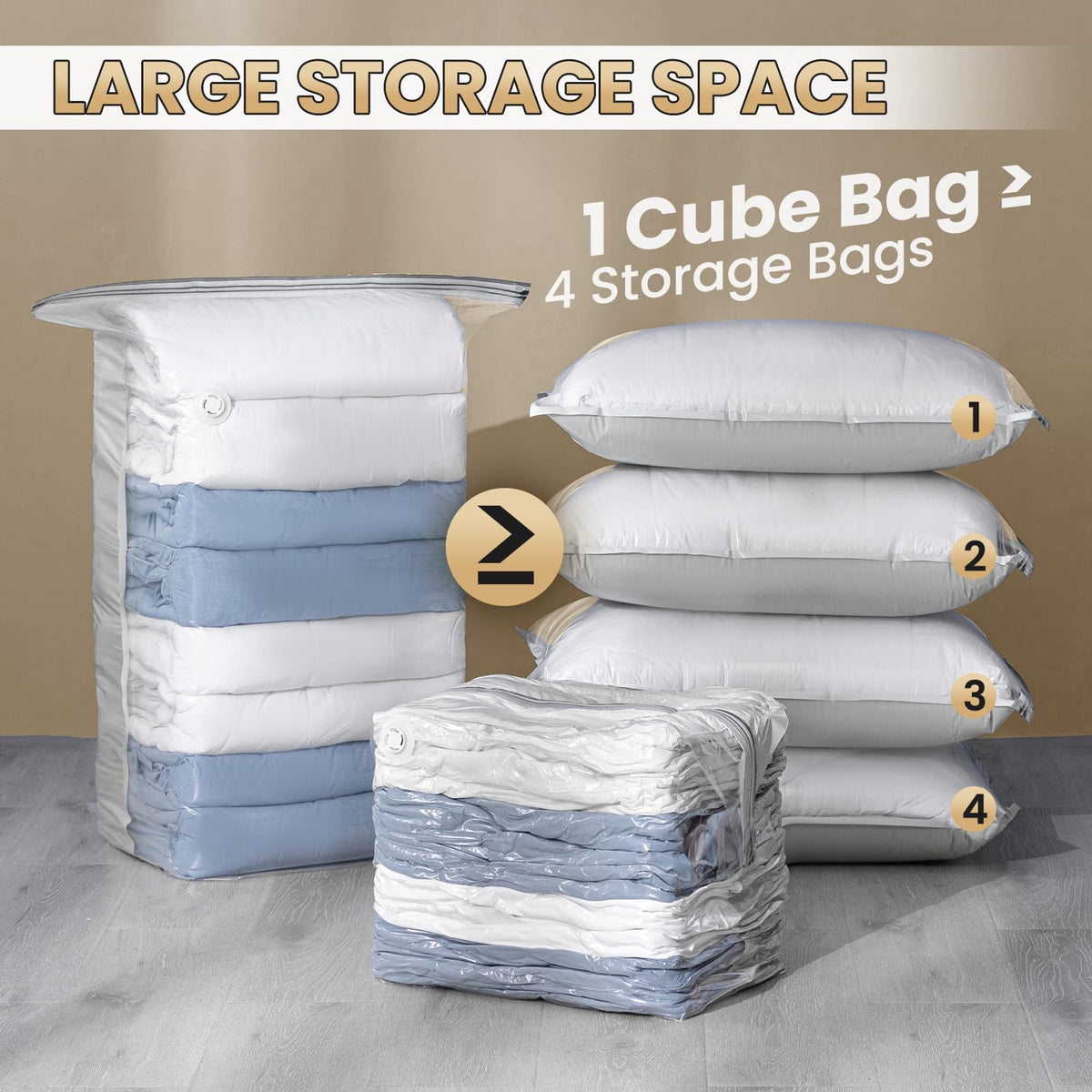 TAILI Extra Large Vacuum Storage Bags Cube 6 Jumbo3 Jumbo+3 Medium, Cream