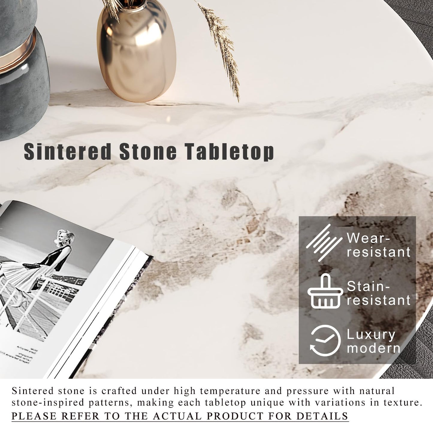 GOLDFAN Round Dining Table 80cm High Gloss White Marble Kitchen Table with Black Metal legs for Dining Room, Office, Apartment