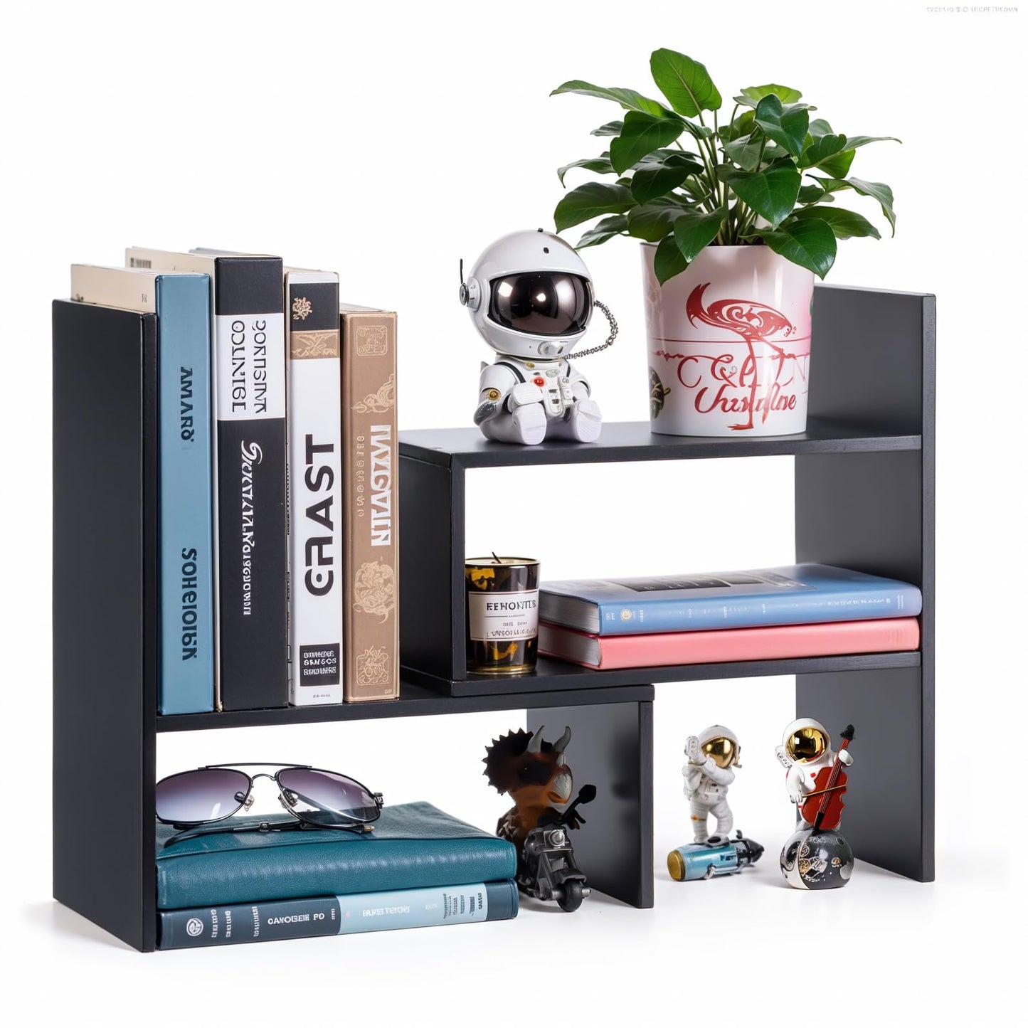 Dyserbuy Desk Shelf, Adjustable Desktop Bookshelf, Small Book Shelf, Desk Book Storage, Wooden Desktop Organiser for Office, Home, Study, Black