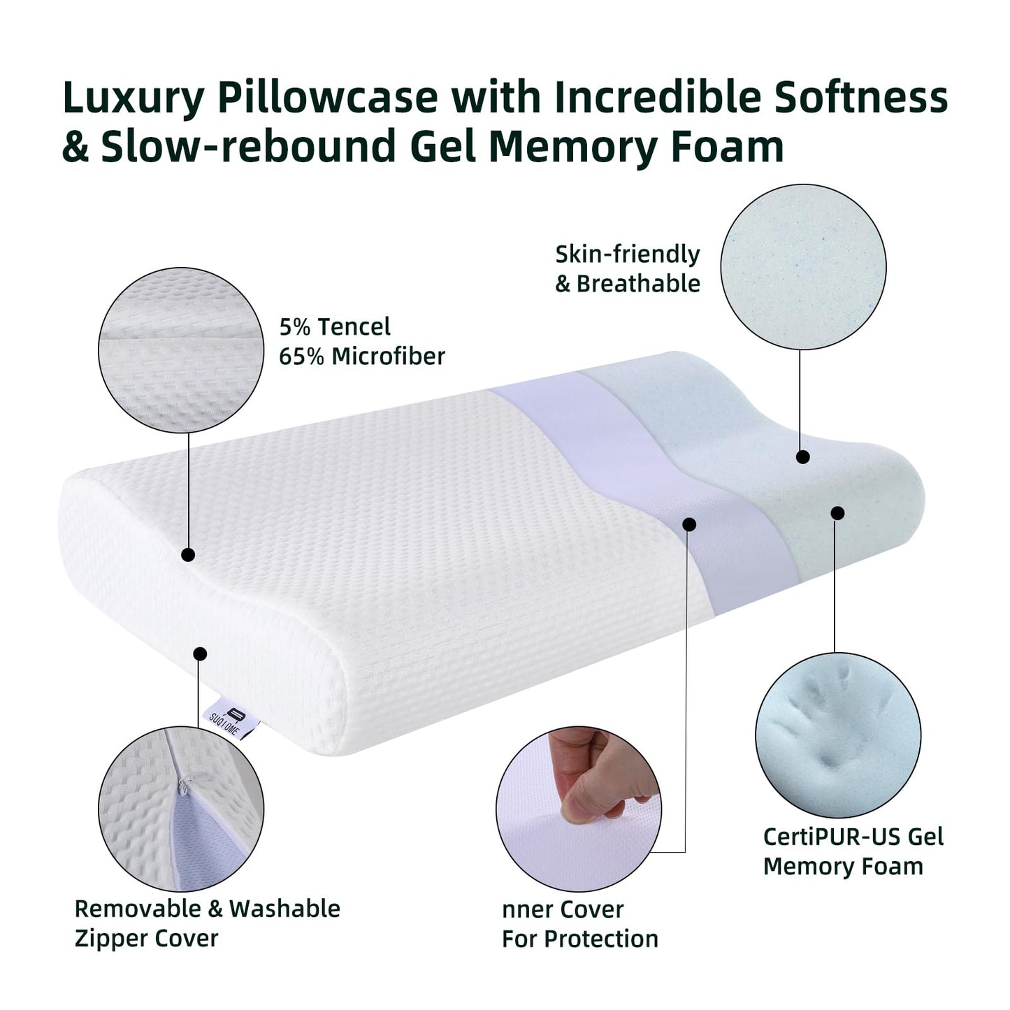 SUQ I OME Slim Sleeper-Gel Thin Memory Foam Pillow for Sleeping,Contour Thin & Low Cervical Profile,for Neck Pain, Stomacher