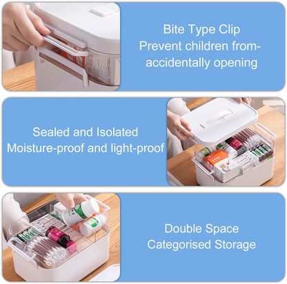 Medicine Storage Box, Double Layers Multi Grid Organiser With Lid, Portable First Aid Cabinet for Home, School, Office L