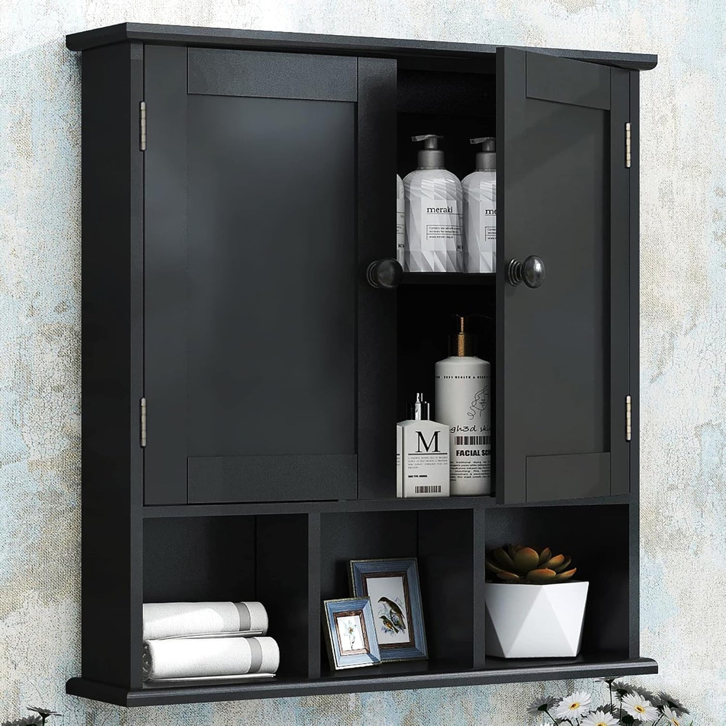 Wall Cupboard, Bathroom Cabinet, Hanging Medicine Cabinet, Medicine Cabinet, Two-Door Wooden Bathroom Cabinet with Adjustable Shelves and Open