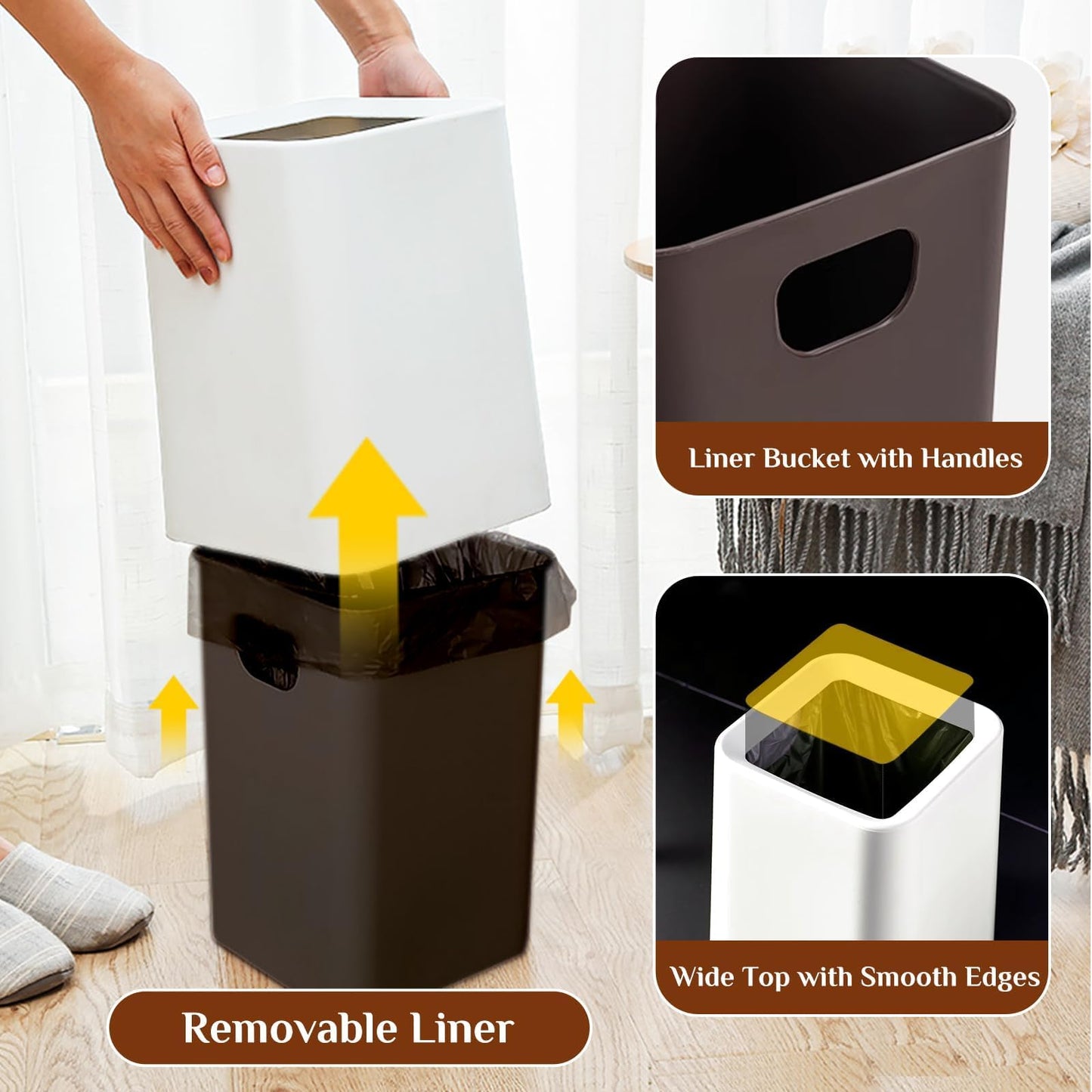 White Bathroom Bin 12L With Inner Bucket, Hidden Bag Design, 2 Pack Modern Open Top Touchless Bathroom Can, Minimalist Plastic Bin for Bedroom