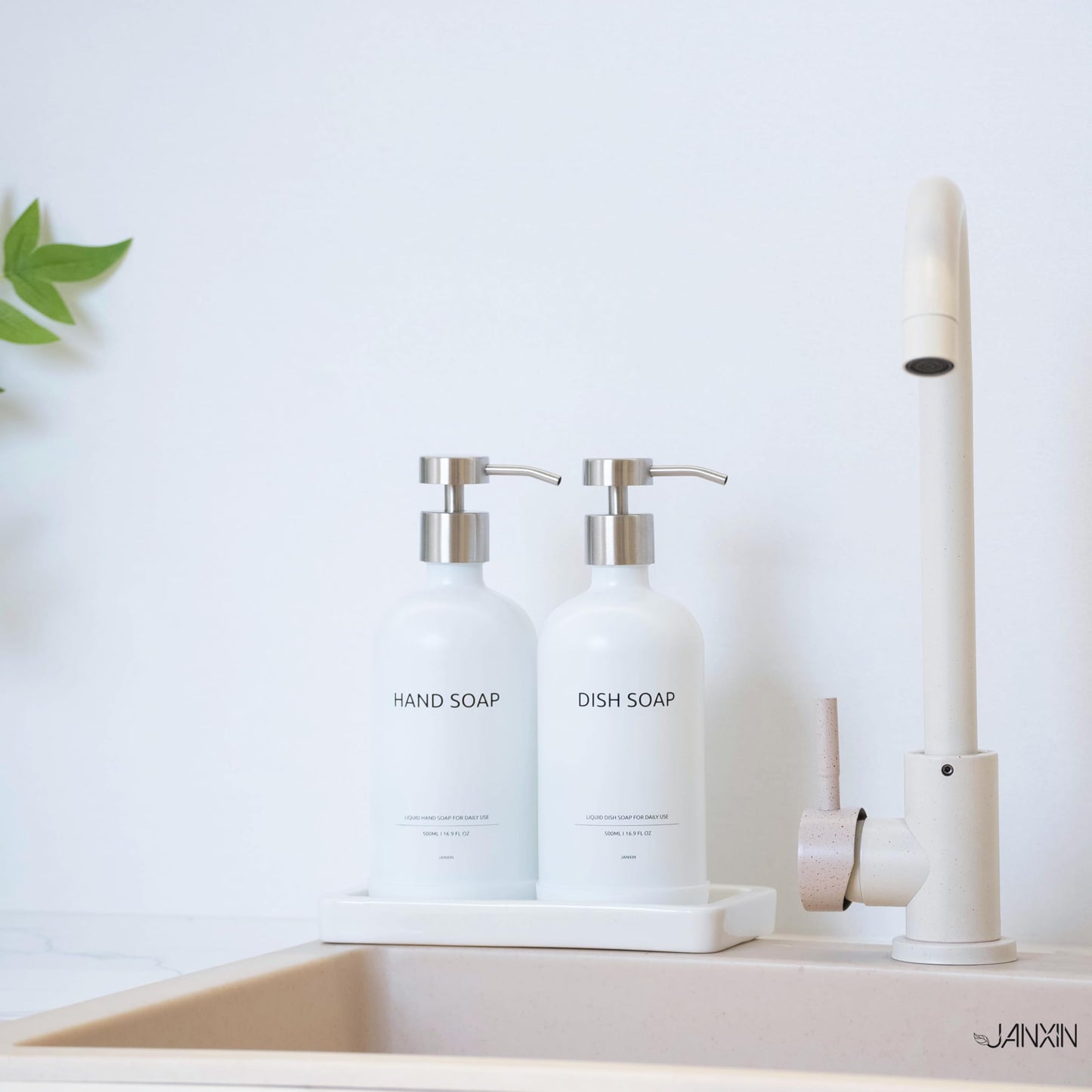 Janxin 2pcs Refillable Liquid Hand Jar Dispenser for Bathroom, Glass Soap Dispenser Bottle with Pump, 500ML, With Ceramic Tray