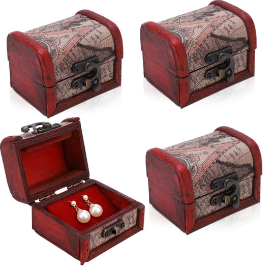 HERCHR Treasure Chest Small,4Pcs Mini Wooden Chests 3.15x2.36x2.36in Decorative Trinket Box Keepsakes Vintage Metal Lock Jewelry Treasure Jewellery