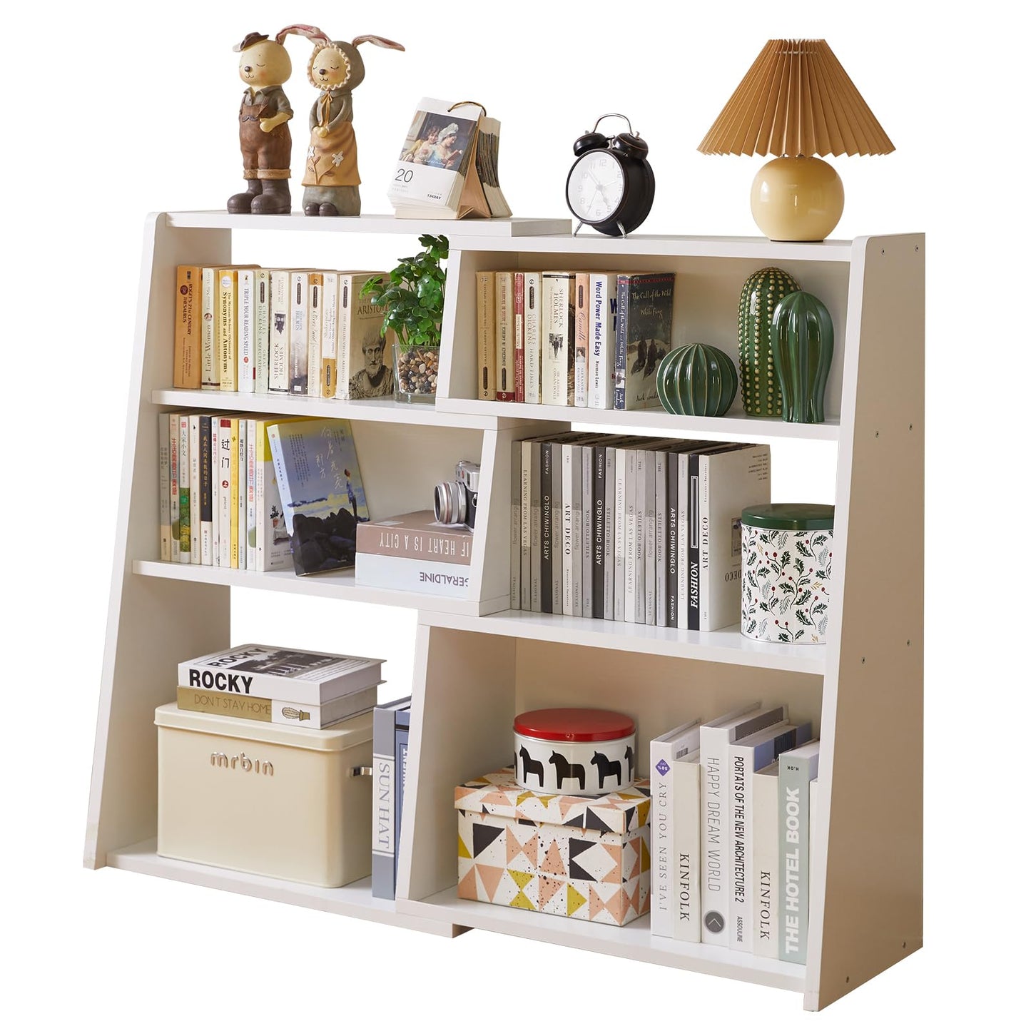 Aibiju Wooden Extendable Shelf Bookcase, Bookshelf, Storage Shelf with 6 Compartments, 3-Tier Ladder Low Short Bookshelf for Small Space or Corner