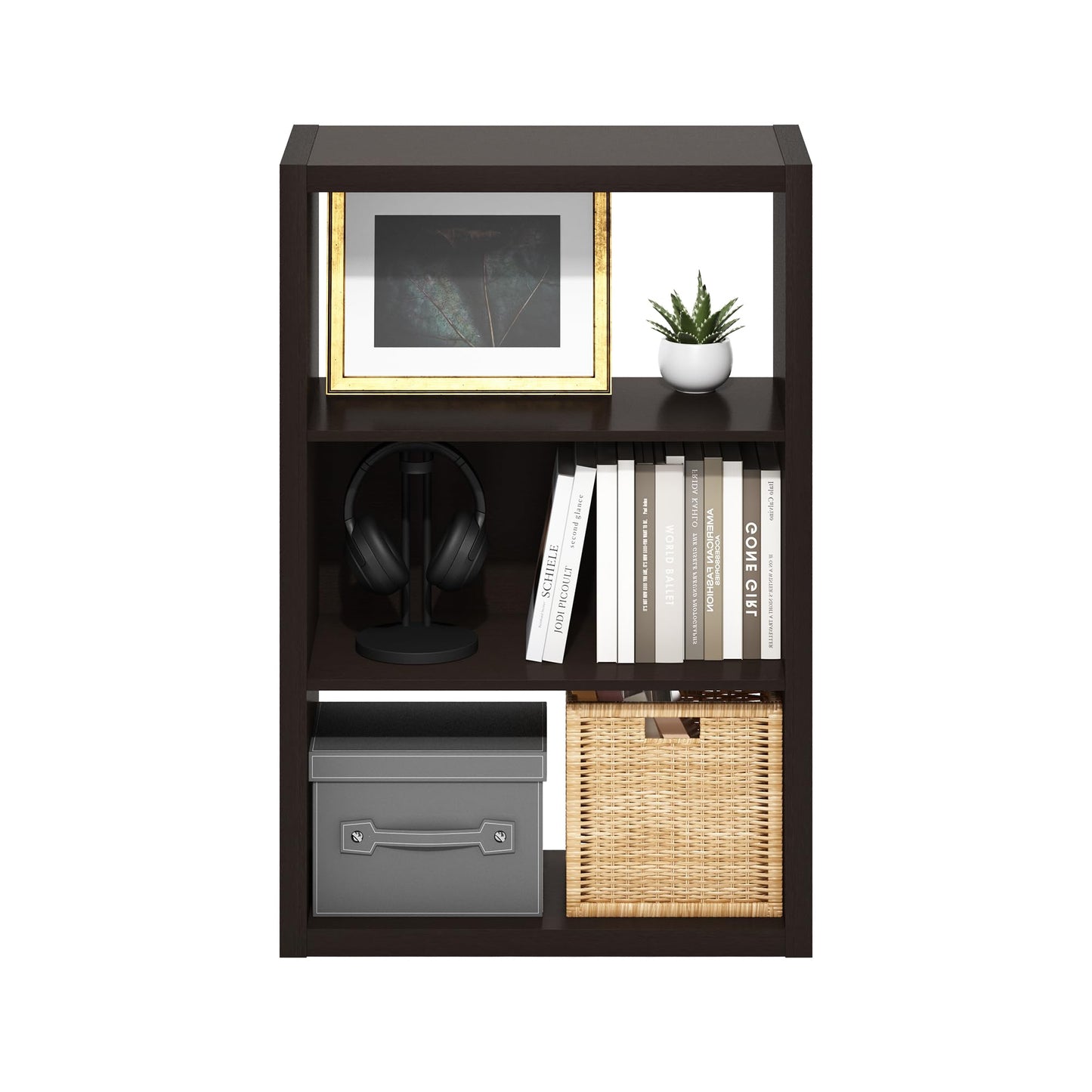 Furinno VIOLA Book Shelf, 3-Tier Bookshelf, Bookcase with Open Shelf, 11.3 x 23.2 x 35.9, for Living Room, Bedroom, Home Office, Dark Oak