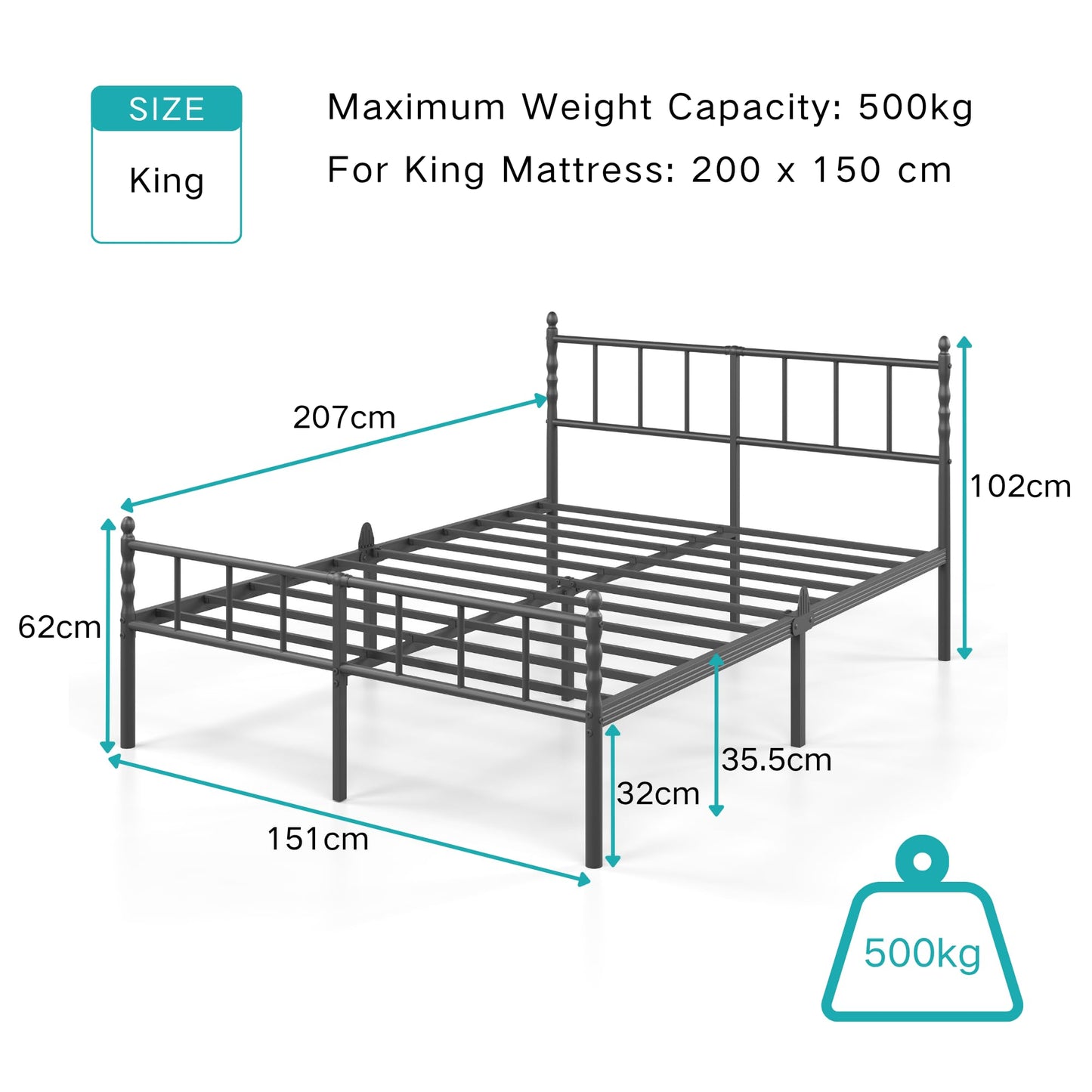 Hunlostten King Metal Bed Frame - Modern Style Bed Frame with Headboard and Footboard Easy to Install, Noise Free, Sturdy, Black, 35.5 cm High