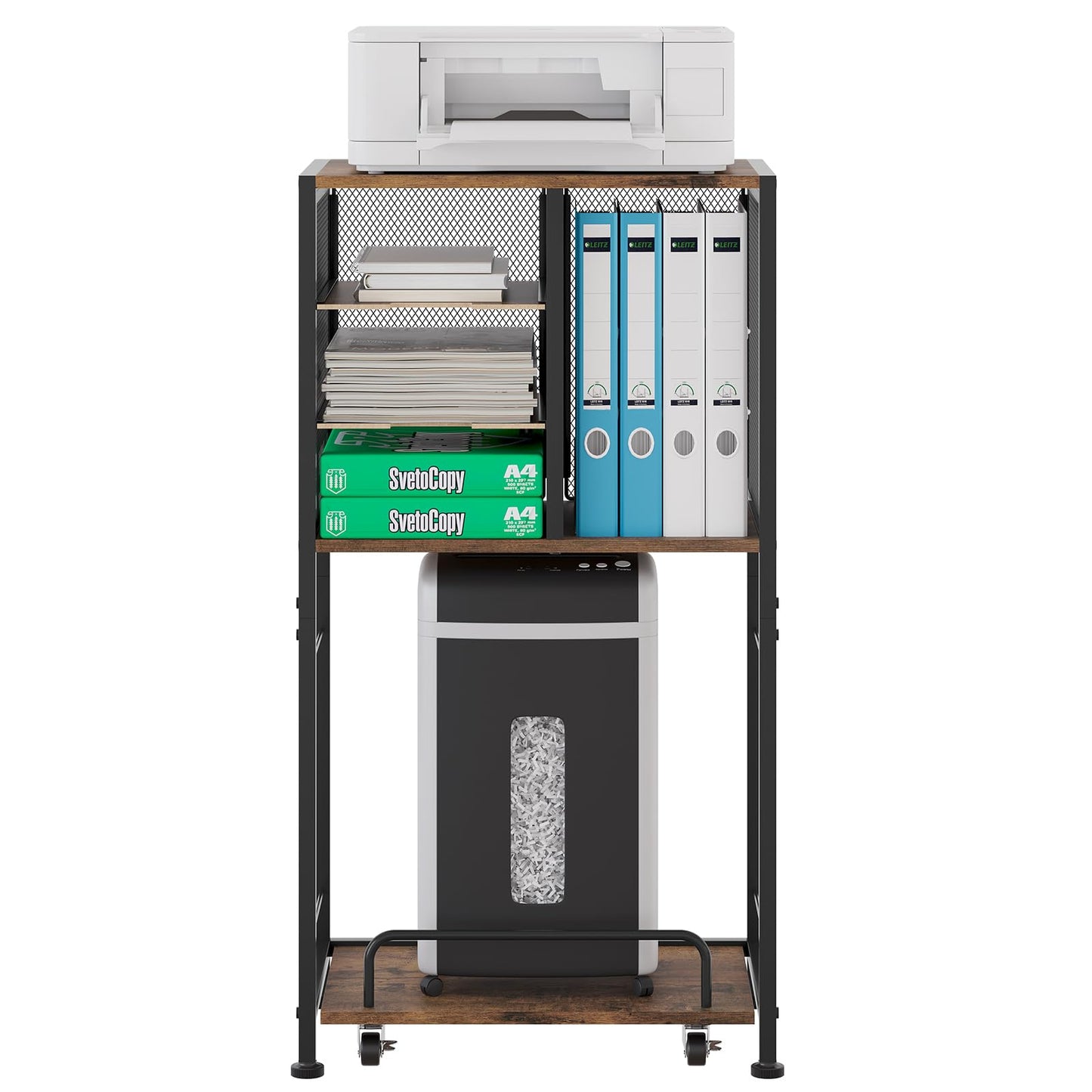 EasyPAG 4 Compartments Metal Wood Floor Standing Printer stand with Storage,Printer Table with Movable Pull-out Shelf Trolley,Printer Shelf for Fax
