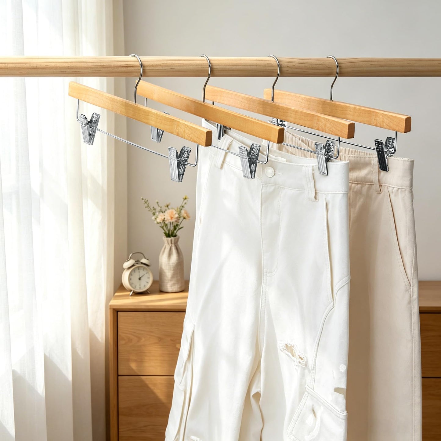 20pcs Wooden Trouser Hangers, 35cm Natural Skirt Coat Hangers with Clips